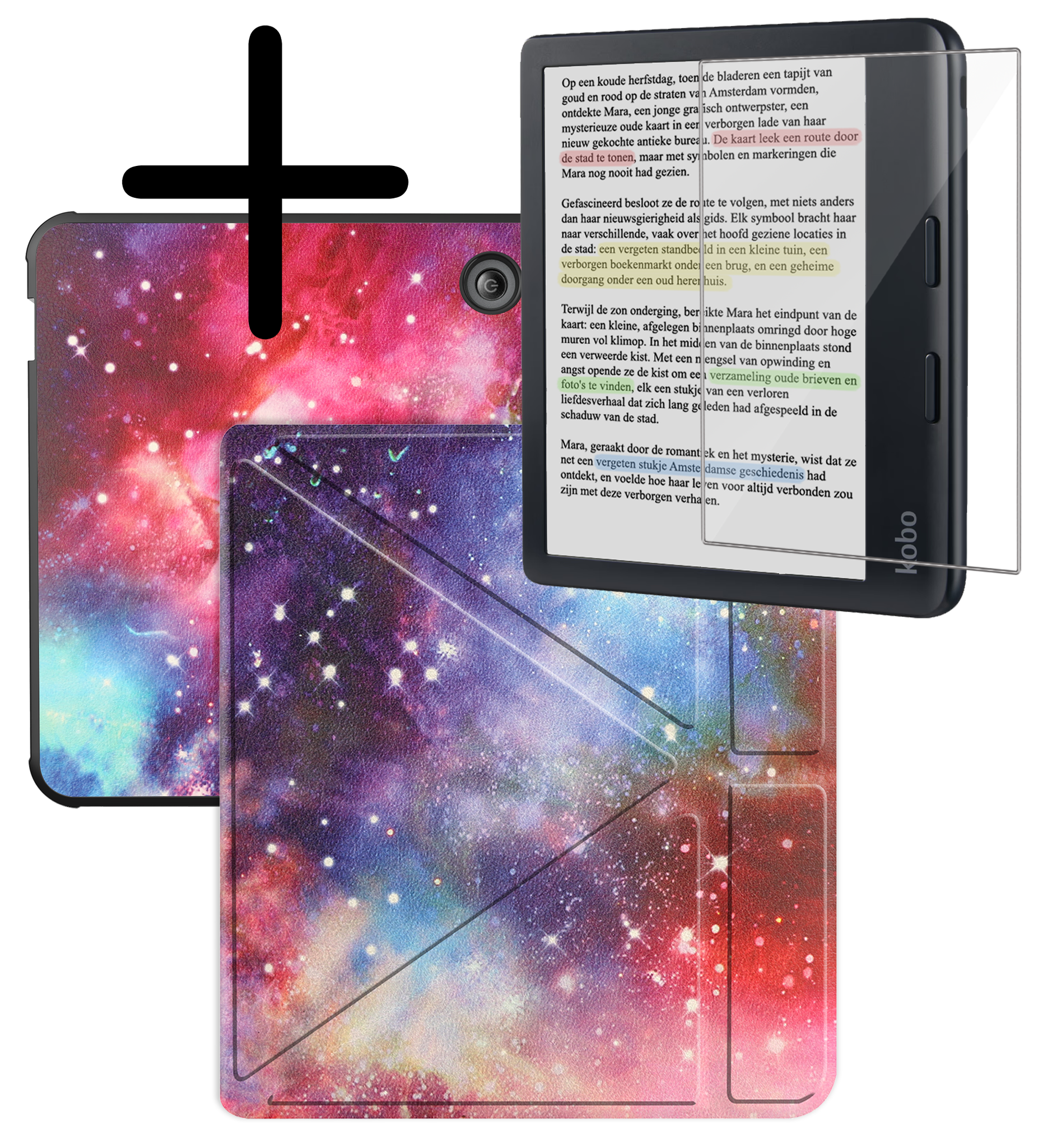 BASEY. Hoes Geschikt voor Kobo Libra Colour Hoesje Bookcase Cover Hoes Trifold Met Screenprotector - Hoesje Geschikt voor Kobo Libra Colour Hoes Cover Case - Galaxy