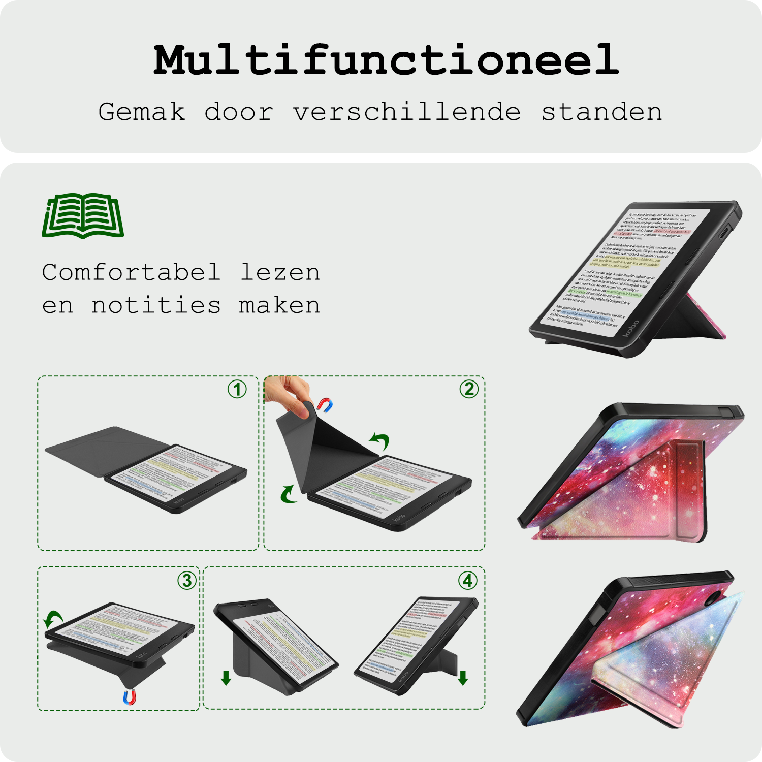 BASEY. Hoes Geschikt voor Kobo Libra Colour Hoesje Bookcase Cover Hoes Trifold Met Screenprotector - Hoesje Geschikt voor Kobo Libra Colour Hoes Cover Case - Galaxy