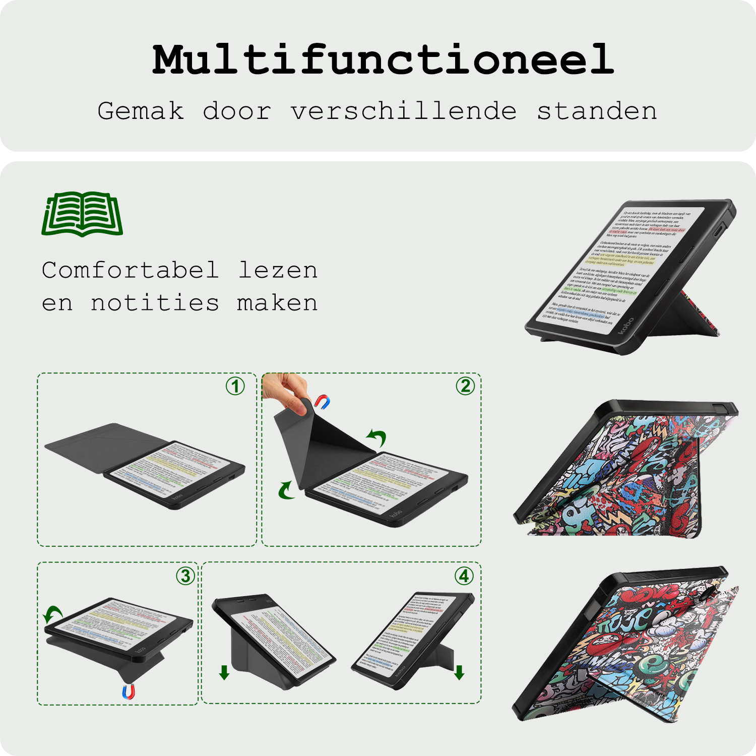 BASEY. Hoes Geschikt voor Kobo Libra Colour Hoesje Bookcase Cover Hoes Trifold Met Screenprotector - Hoesje Geschikt voor Kobo Libra Colour Hoes Cover Case - Graffity