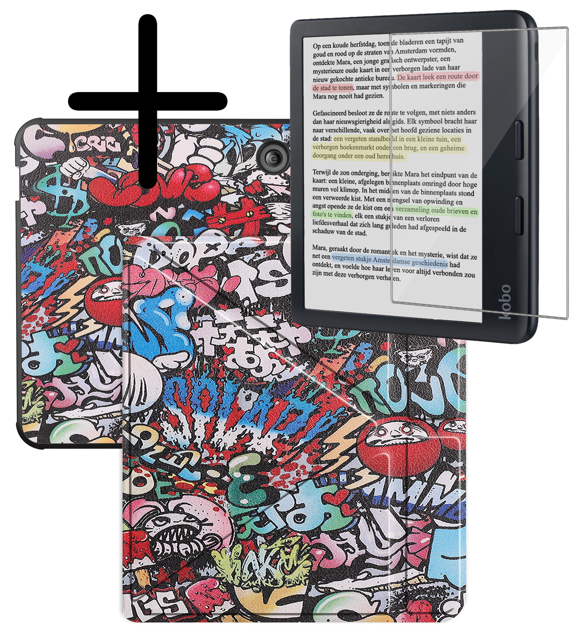 BASEY. Hoes Geschikt voor Kobo Libra Colour Hoesje Bookcase Cover Hoes Trifold Met Screenprotector - Hoesje Geschikt voor Kobo Libra Colour Hoes Cover Case - Graffity