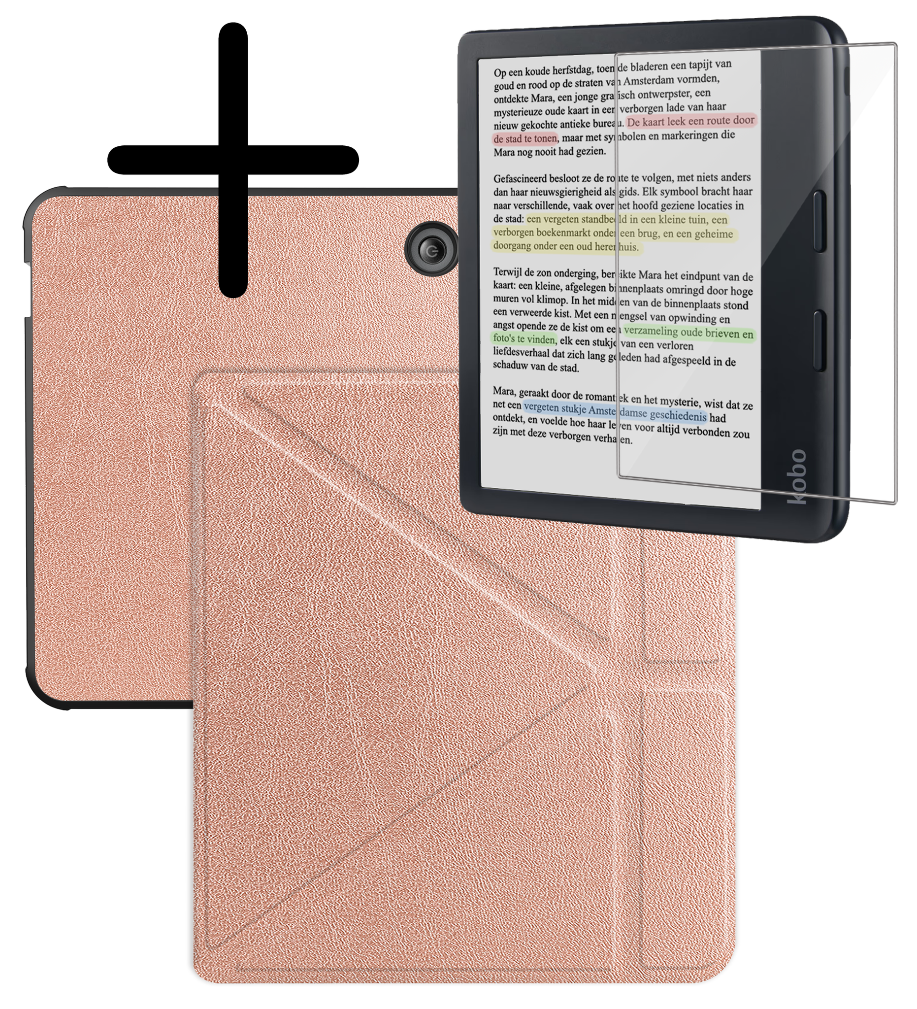 BASEY. Hoes Geschikt voor Kobo Libra Colour Hoesje Bookcase Cover Hoes Trifold Met Screenprotector - Hoesje Geschikt voor Kobo Libra Colour Hoes Cover Case - Rosé Goud