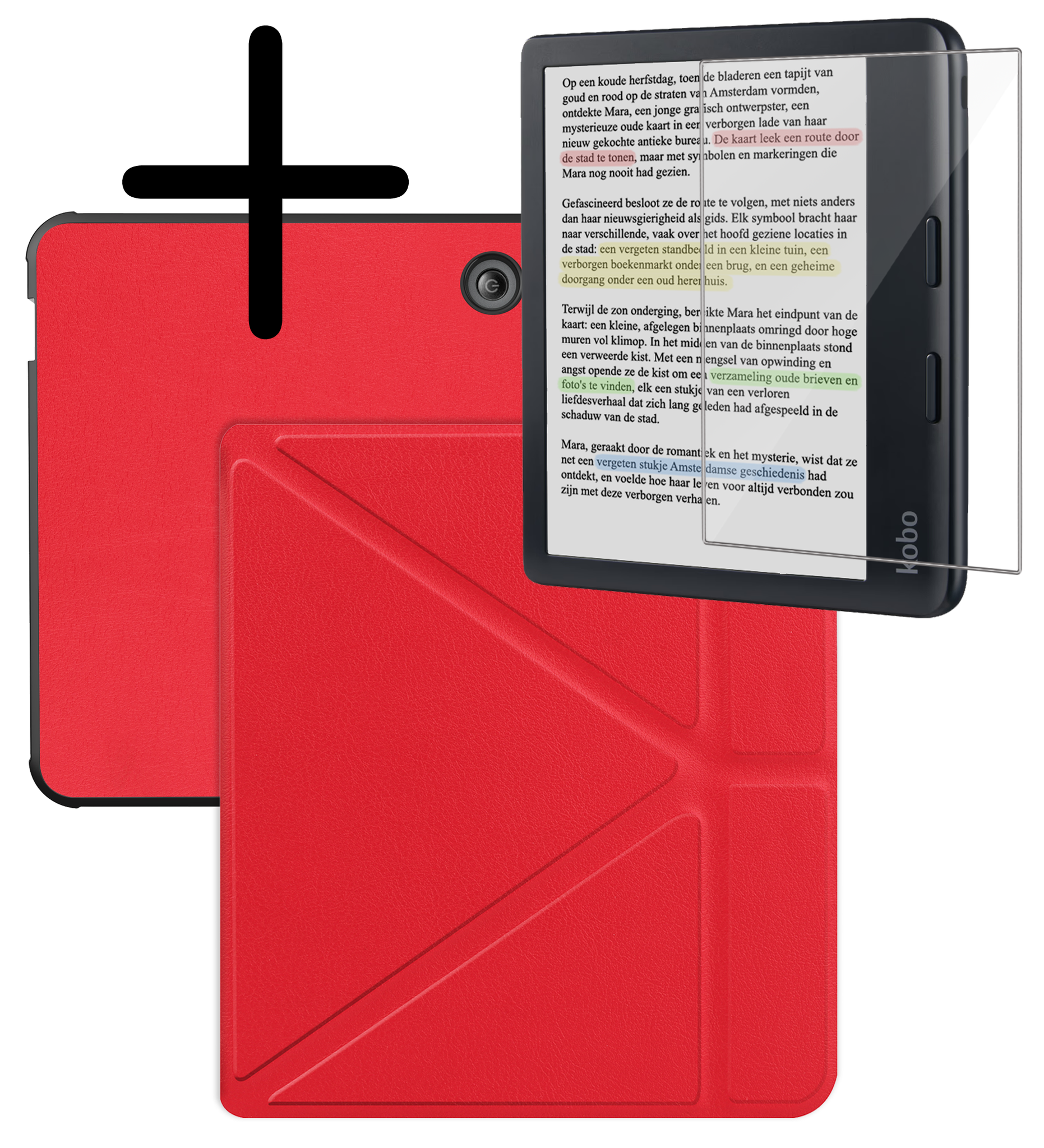 BASEY. Hoes Geschikt voor Kobo Libra Colour Hoesje Bookcase Cover Hoes Trifold Met Screenprotector - Hoesje Geschikt voor Kobo Libra Colour Hoes Cover Case - Rood
