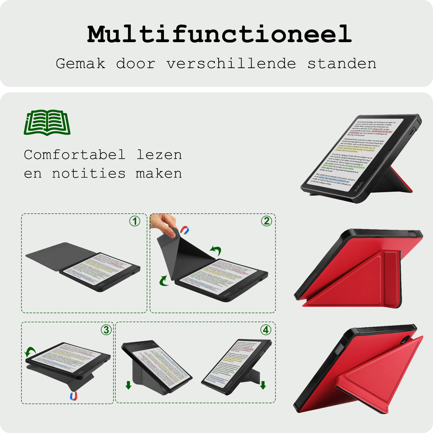 BASEY. Hoes Geschikt voor Kobo Libra Colour Hoesje Bookcase Cover Hoes Trifold Met Screenprotector - Hoesje Geschikt voor Kobo Libra Colour Hoes Cover Case - Rood