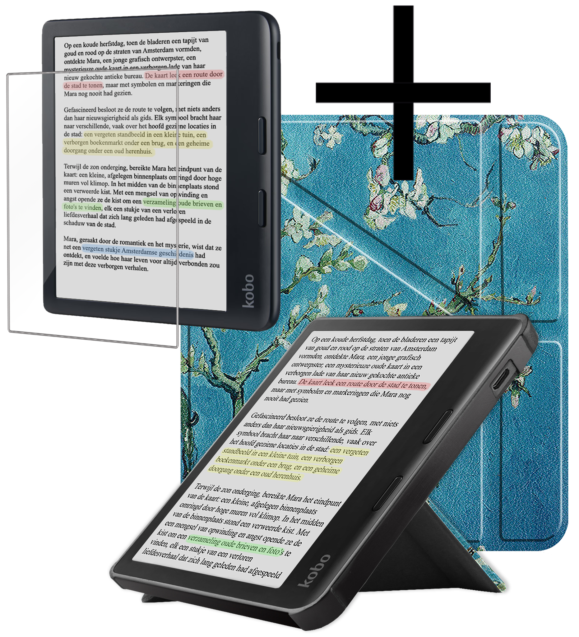 NoXx Hoes Geschikt voor Kobo Libra Colour Hoesje Bookcase Cover Book Case Hoes Cover Trifold Met Screenprotector - Bloesem