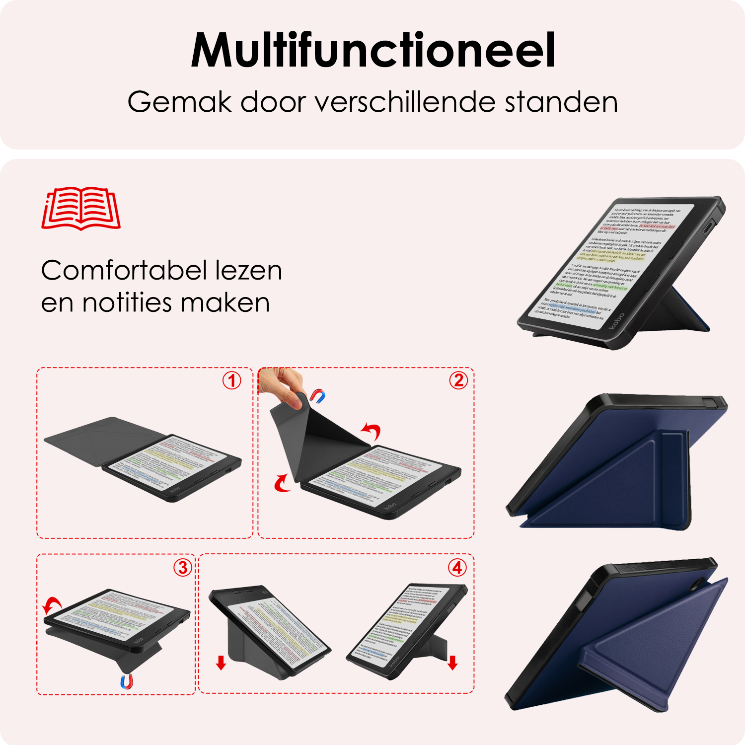 NoXx Hoes Geschikt voor Kobo Libra Colour Hoesje Bookcase Cover Book Case Hoes Cover Trifold Met Screenprotector - Donkerblauw