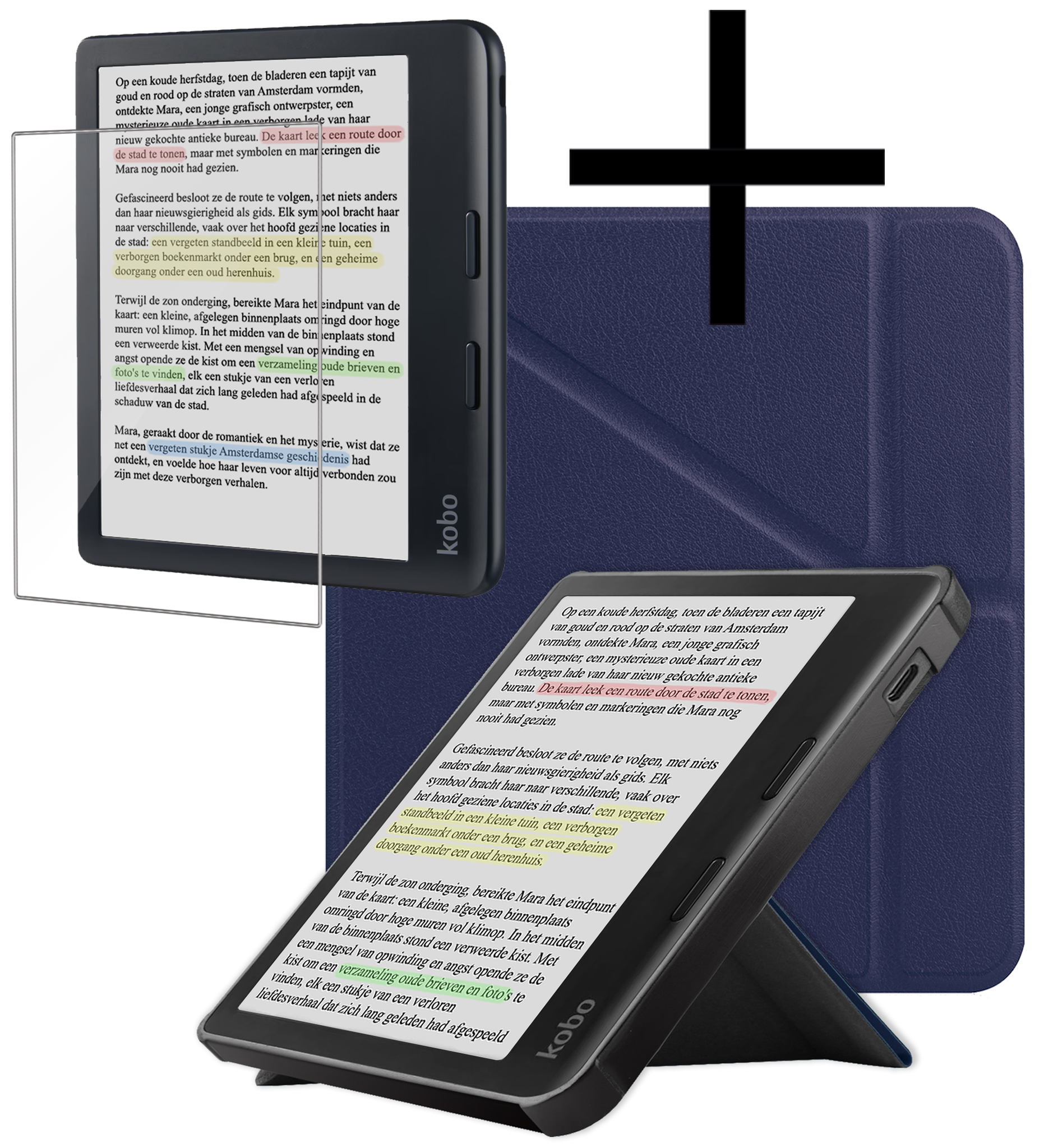 NoXx Hoes Geschikt voor Kobo Libra Colour Hoesje Bookcase Cover Book Case Hoes Cover Trifold Met Screenprotector - Donkerblauw