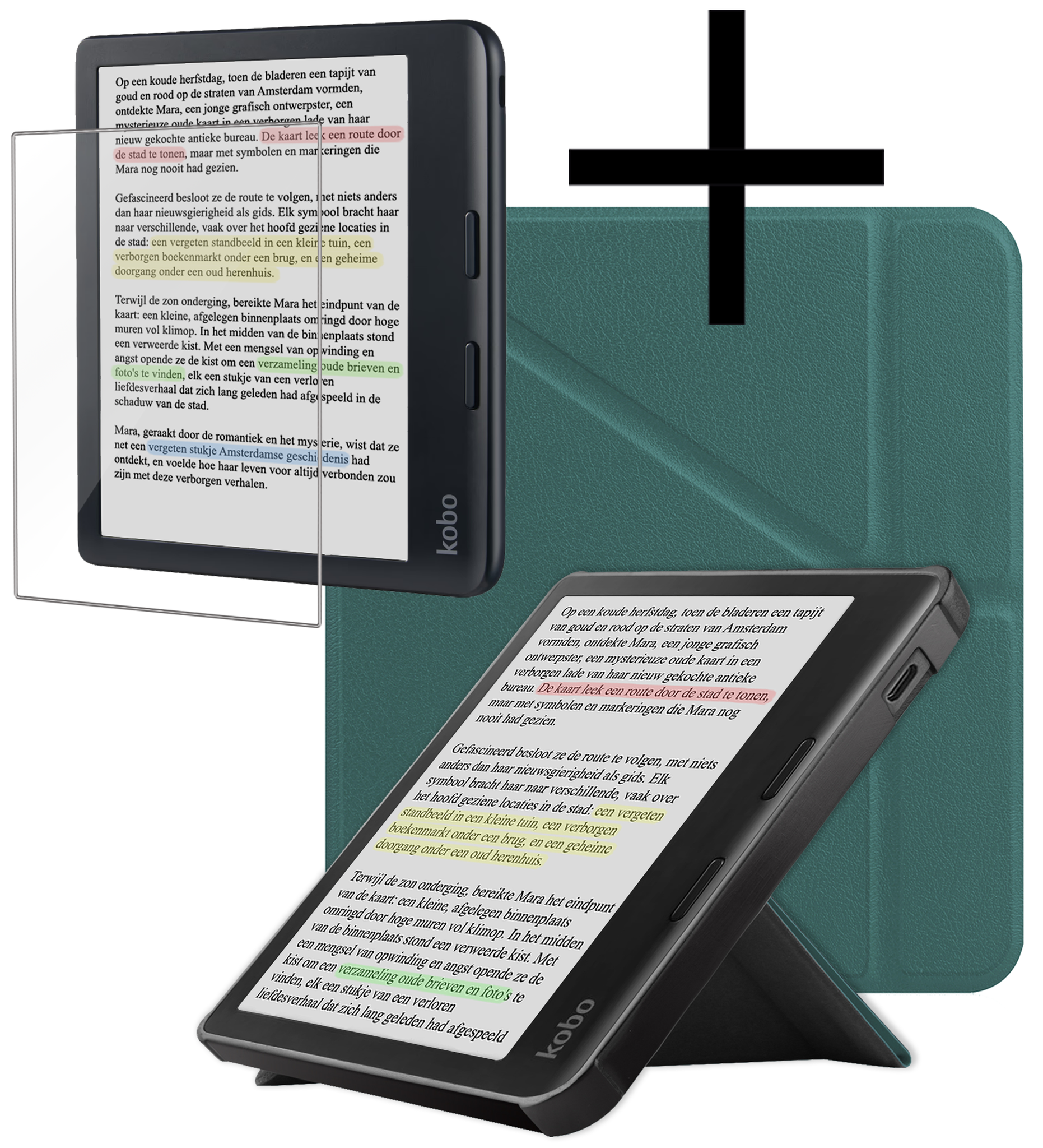 NoXx Hoes Geschikt voor Kobo Libra Colour Hoesje Bookcase Cover Book Case Hoes Cover Trifold Met Screenprotector - Donkergroen