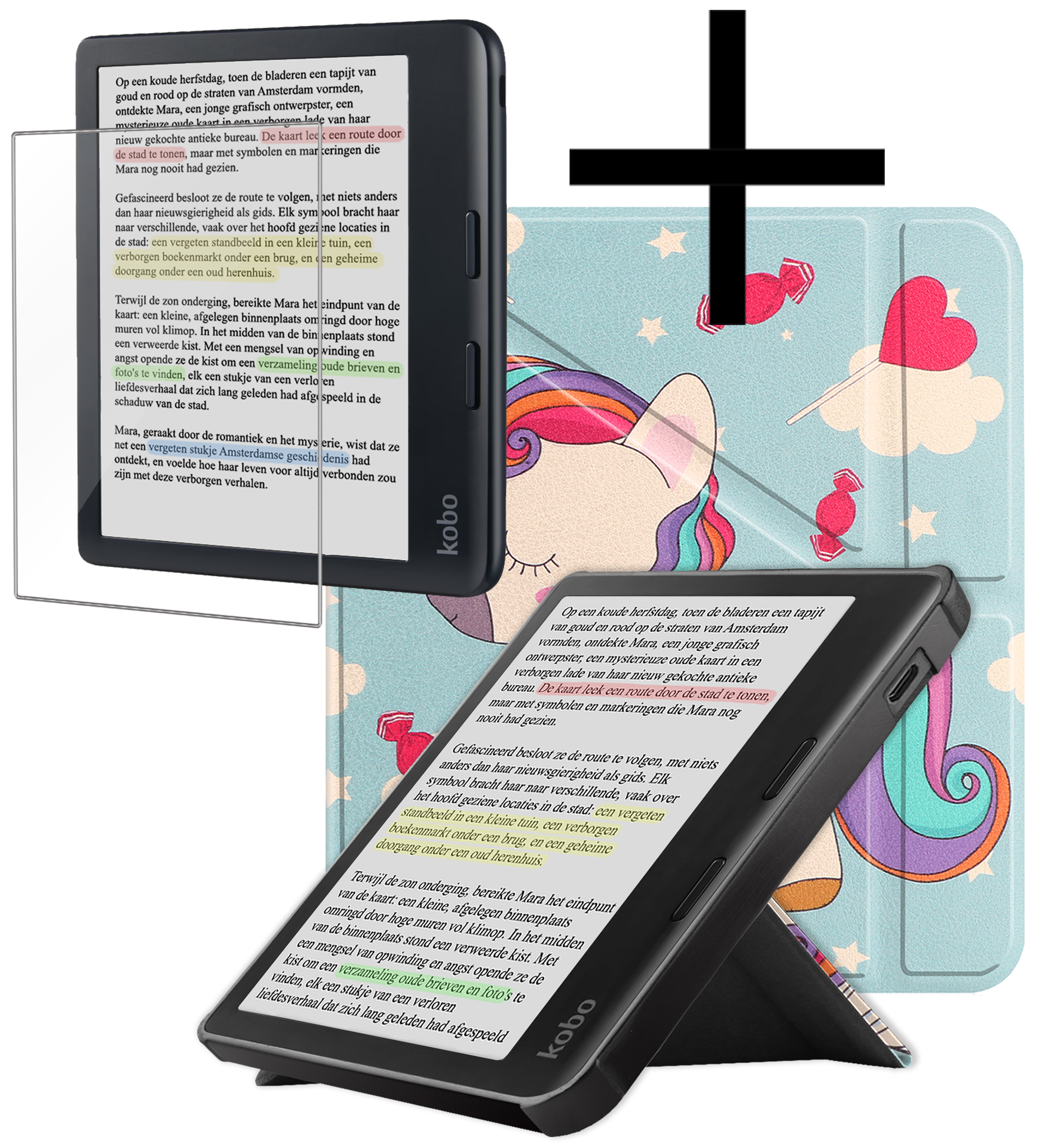 NoXx Hoes Geschikt voor Kobo Libra Colour Hoesje Bookcase Cover Book Case Hoes Cover Trifold Met Screenprotector - Eenhoorn