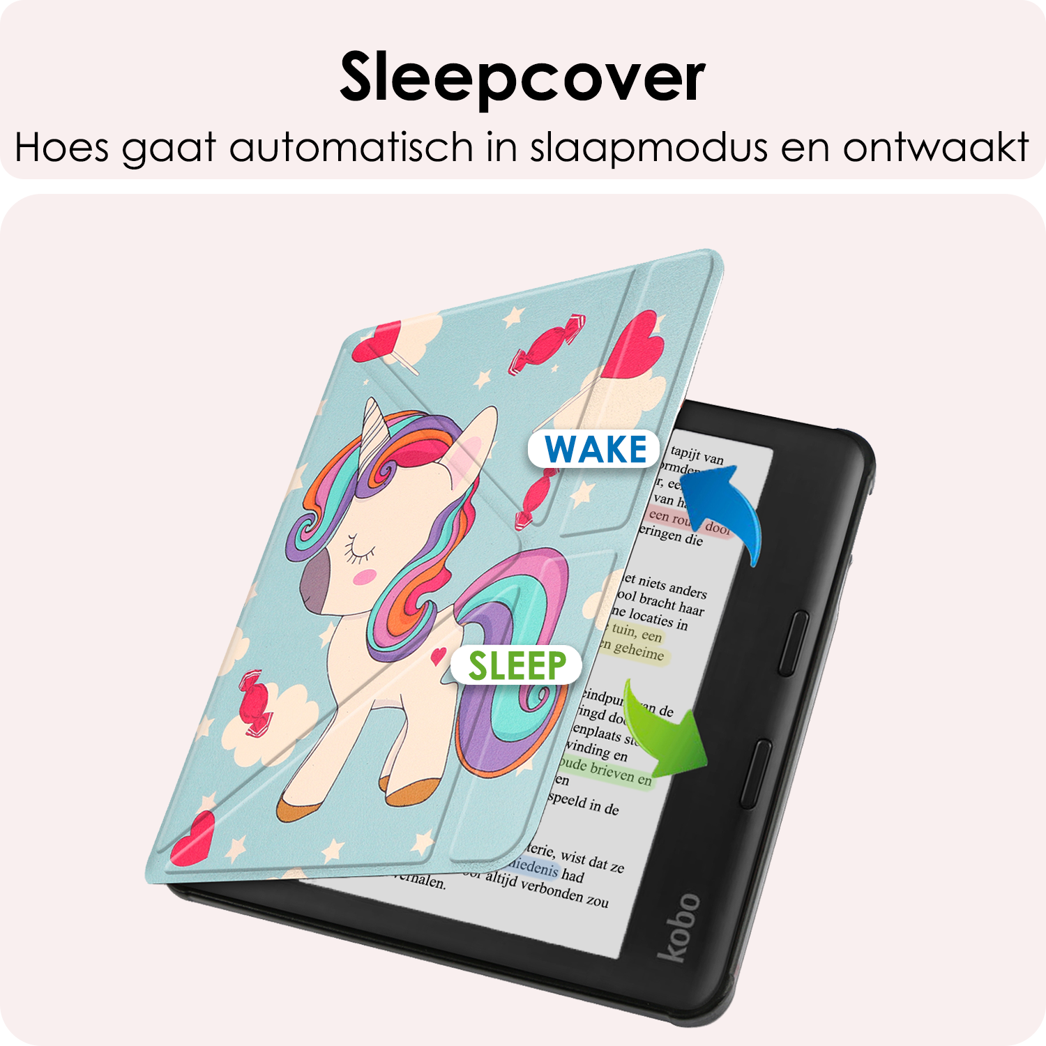 NoXx Hoes Geschikt voor Kobo Libra Colour Hoesje Bookcase Cover Book Case Hoes Cover Trifold Met Screenprotector - Eenhoorn
