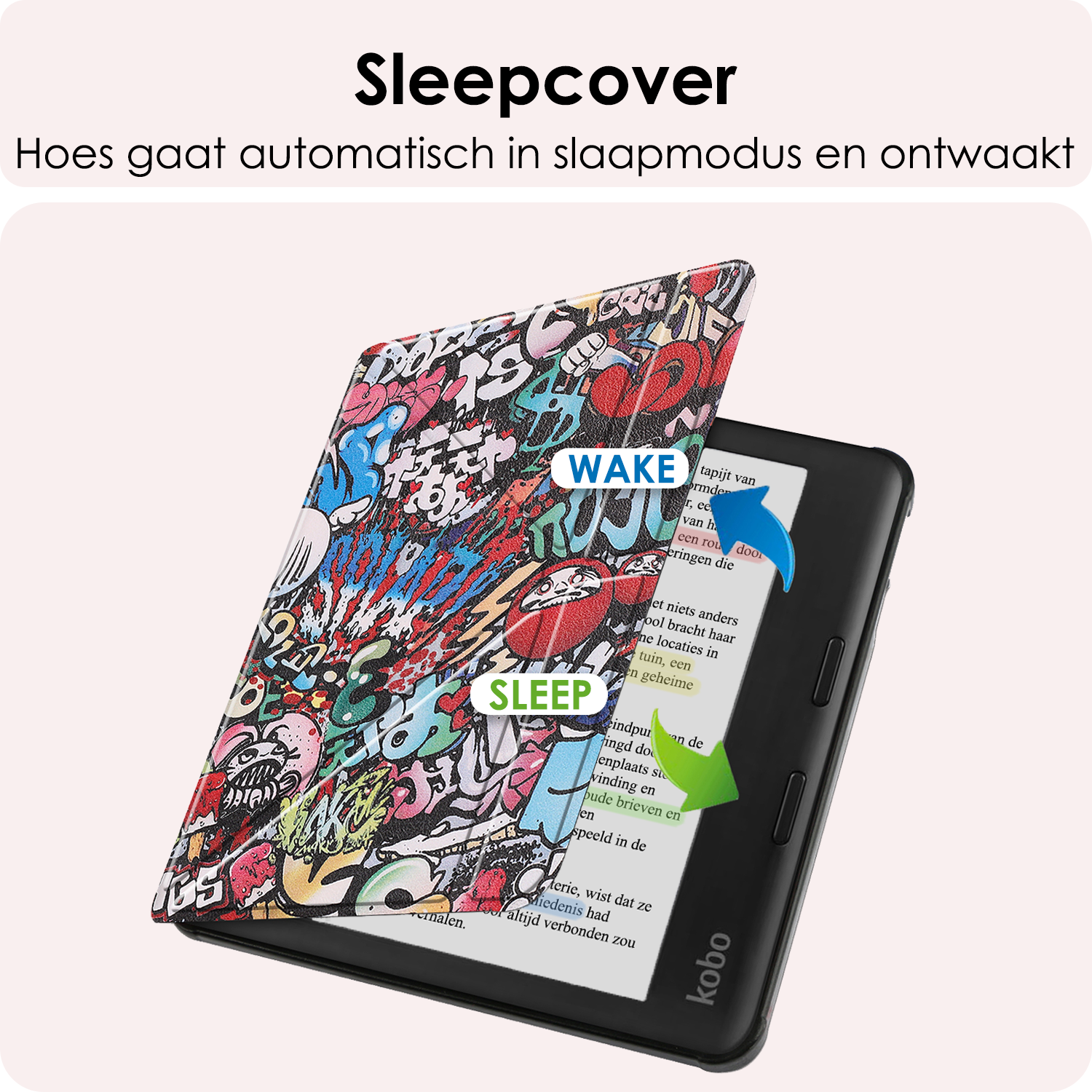 NoXx Hoes Geschikt voor Kobo Libra Colour Hoesje Bookcase Cover Book Case Hoes Cover Trifold Met Screenprotector - Graffity