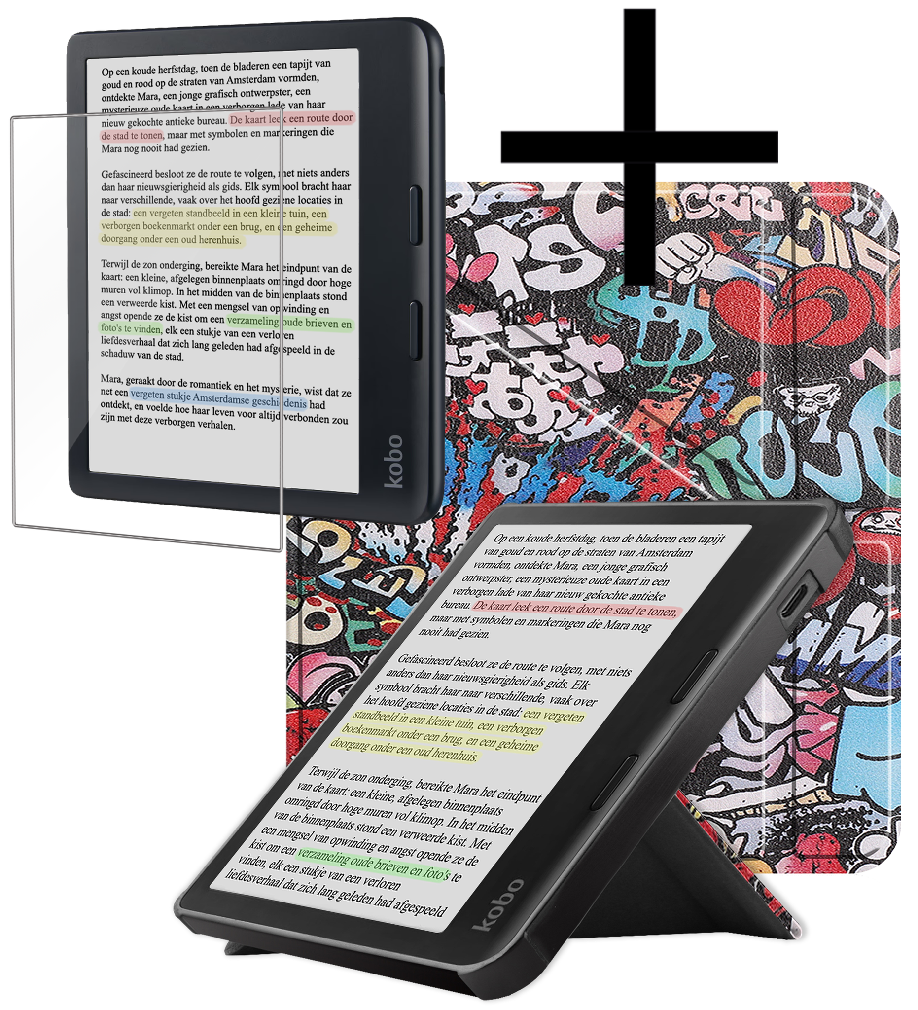 NoXx Hoes Geschikt voor Kobo Libra Colour Hoesje Bookcase Cover Book Case Hoes Cover Trifold Met Screenprotector - Graffity