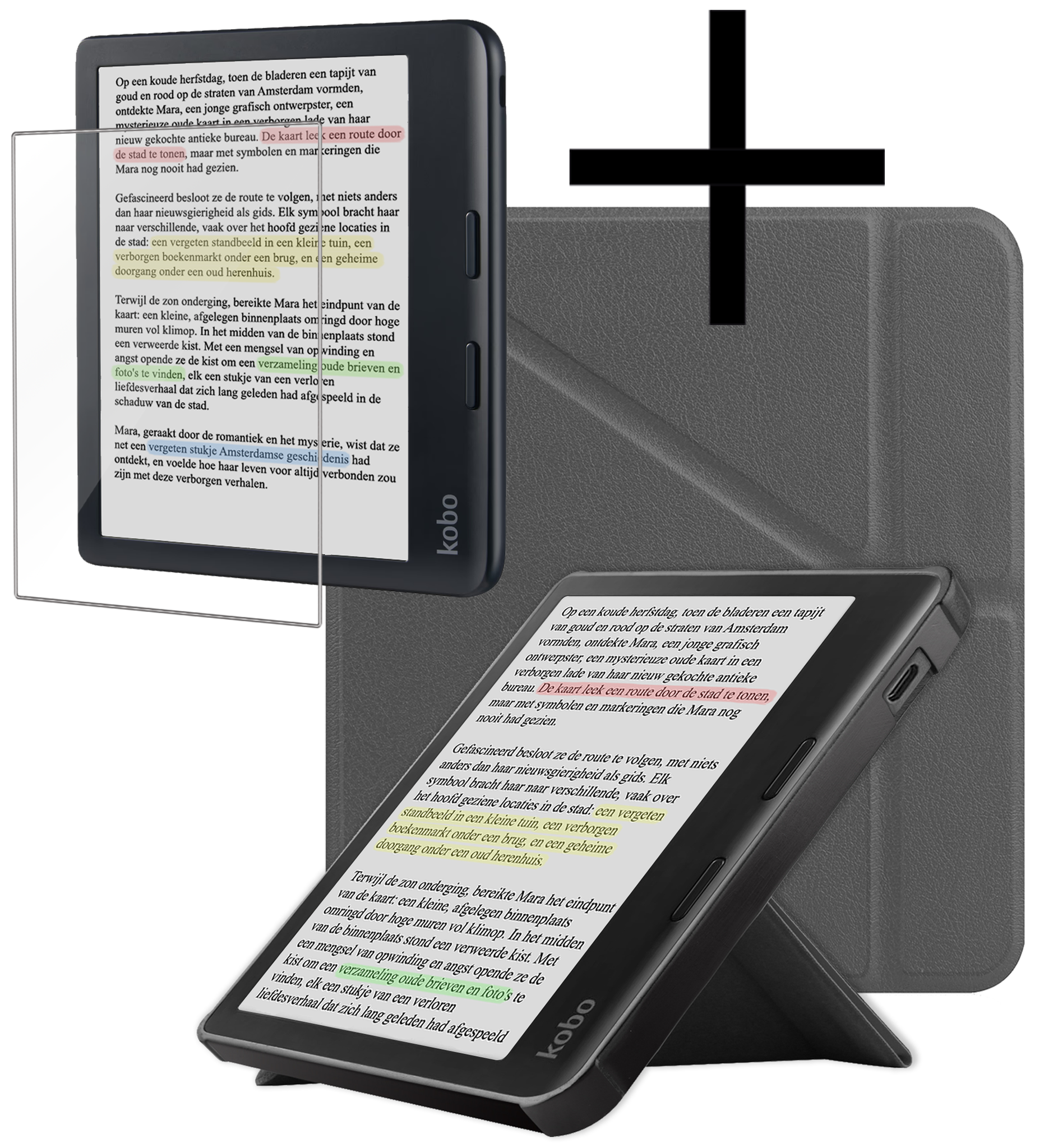 NoXx Hoes Geschikt voor Kobo Libra Colour Hoesje Bookcase Cover Book Case Hoes Cover Trifold Met Screenprotector - Grijs