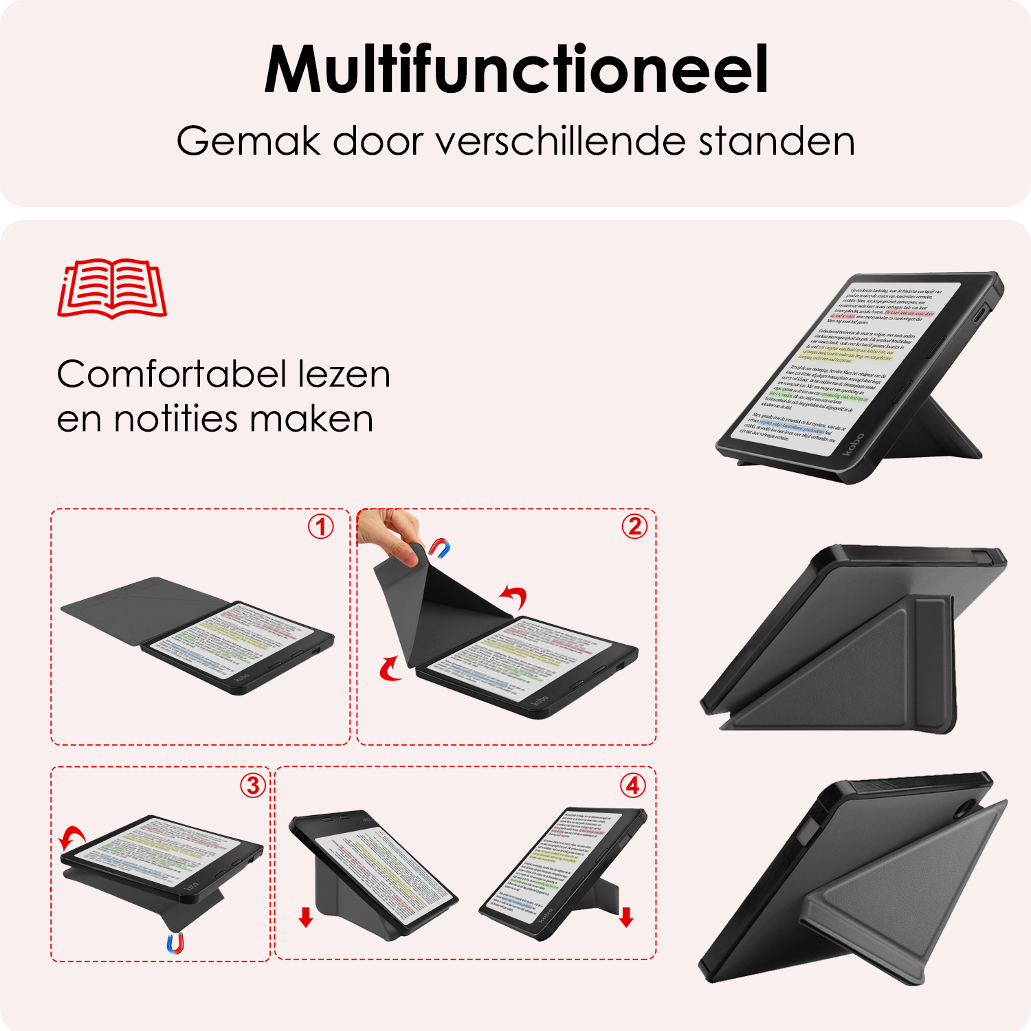 NoXx Hoes Geschikt voor Kobo Libra Colour Hoesje Bookcase Cover Book Case Hoes Cover Trifold Met Screenprotector - Grijs