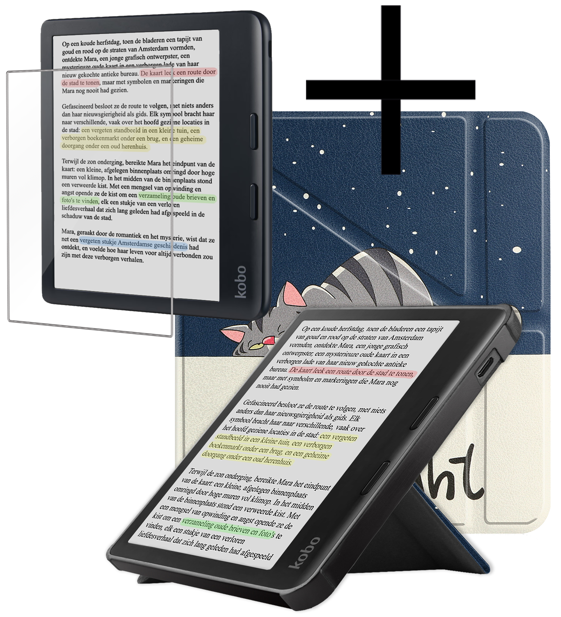 NoXx Hoes Geschikt voor Kobo Libra Colour Hoesje Bookcase Cover Book Case Hoes Cover Trifold Met Screenprotector - Kat