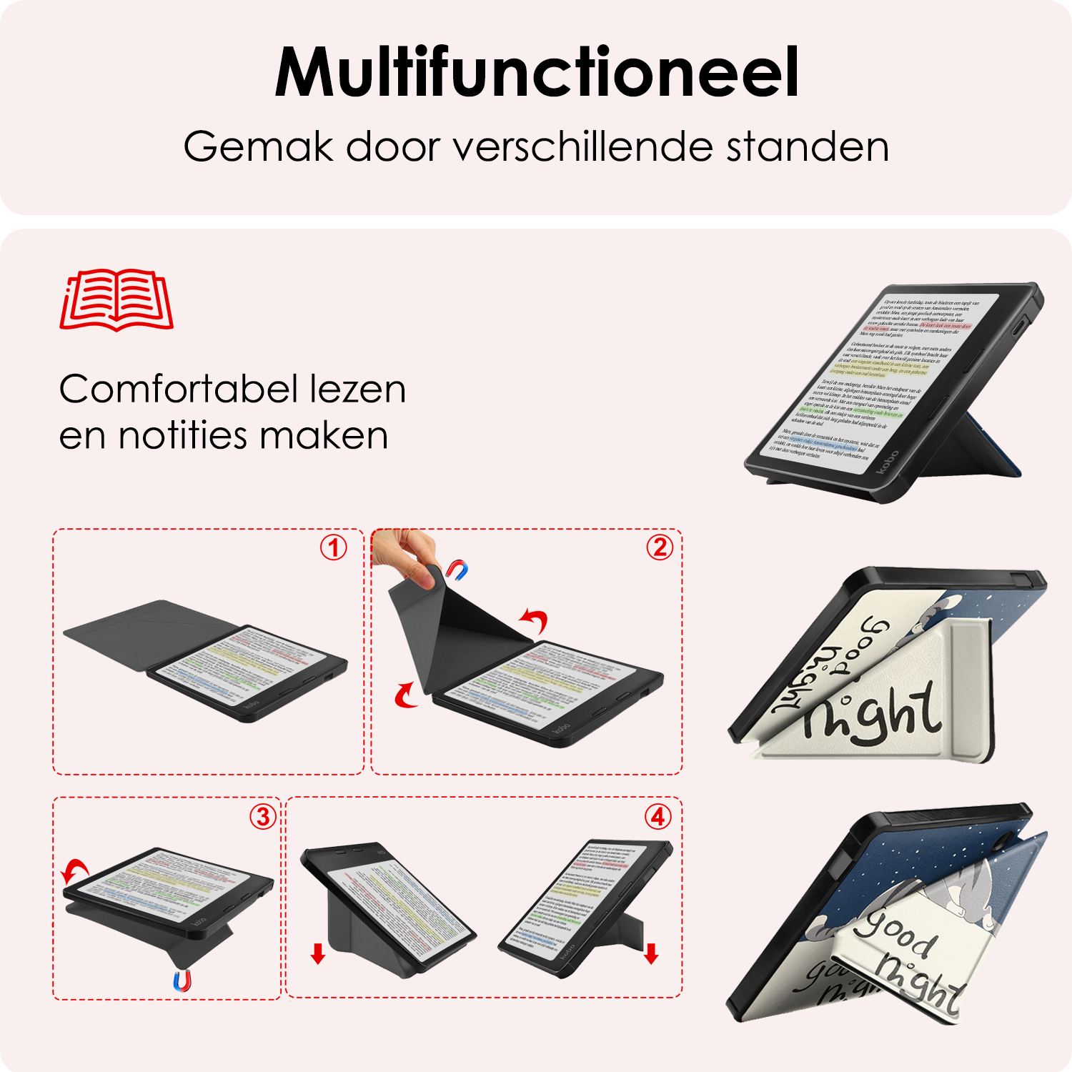 NoXx Hoes Geschikt voor Kobo Libra Colour Hoesje Bookcase Cover Book Case Hoes Cover Trifold Met Screenprotector - Kat