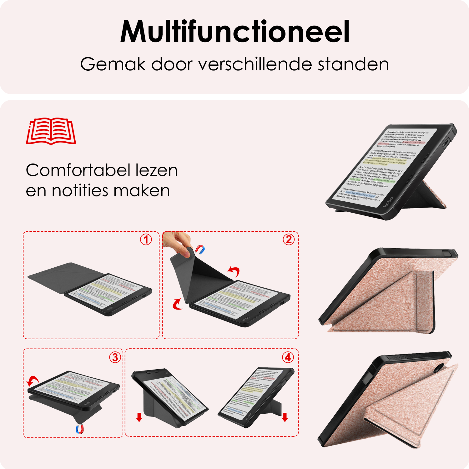 NoXx Hoes Geschikt voor Kobo Libra Colour Hoesje Bookcase Cover Book Case Hoes Cover Trifold Met Screenprotector - Rosé Goud