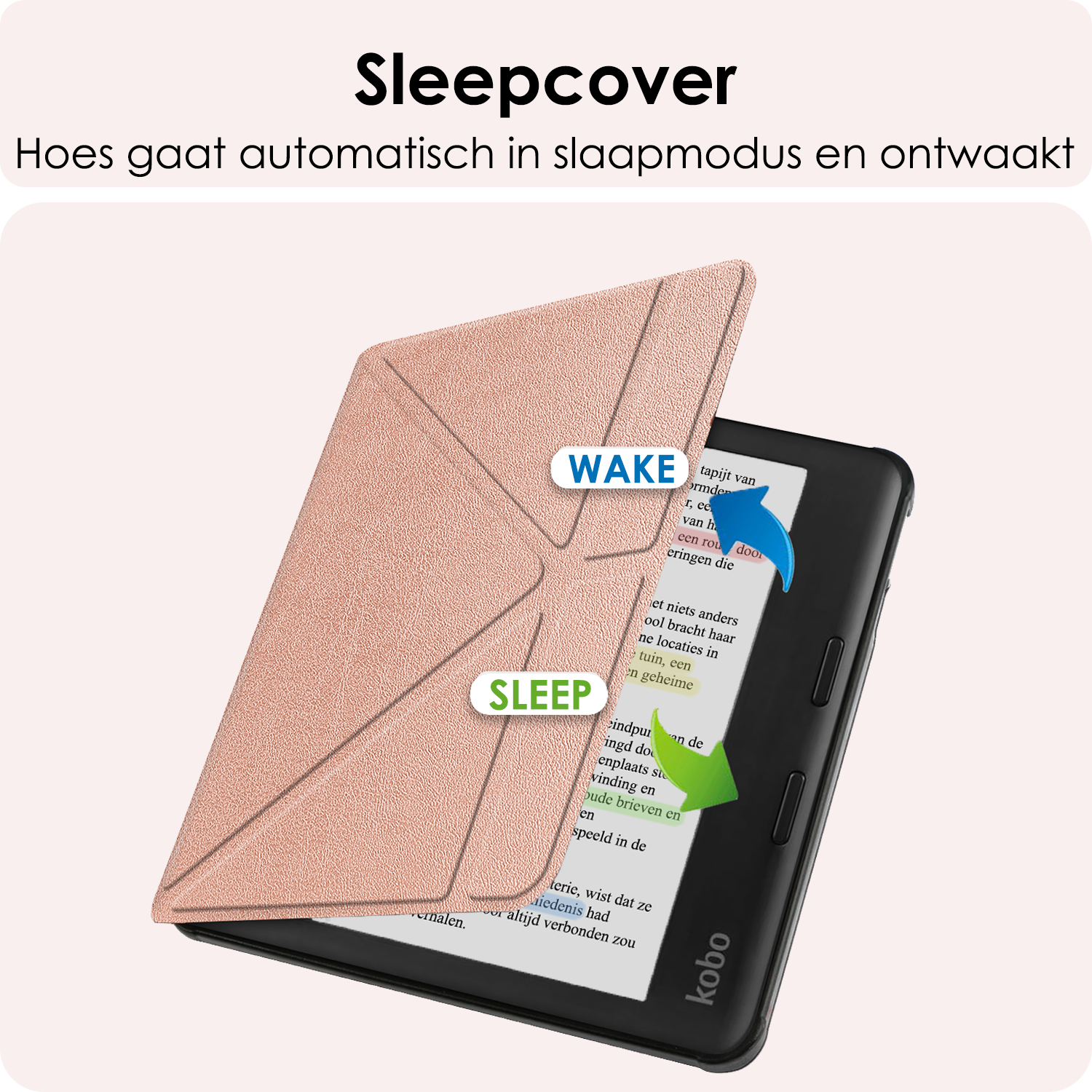 NoXx Hoes Geschikt voor Kobo Libra Colour Hoesje Bookcase Cover Book Case Hoes Cover Trifold Met Screenprotector - Rosé Goud