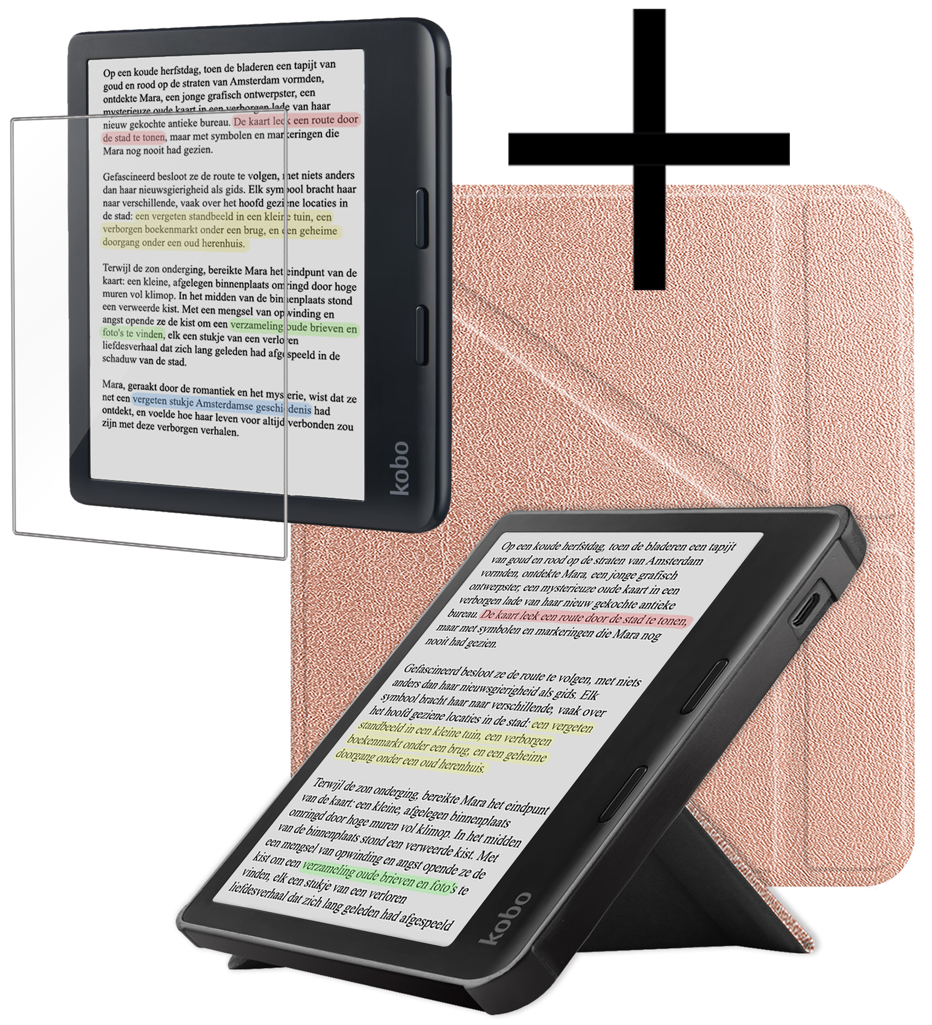 NoXx Hoes Geschikt voor Kobo Libra Colour Hoesje Bookcase Cover Book Case Hoes Cover Trifold Met Screenprotector - Rosé Goud