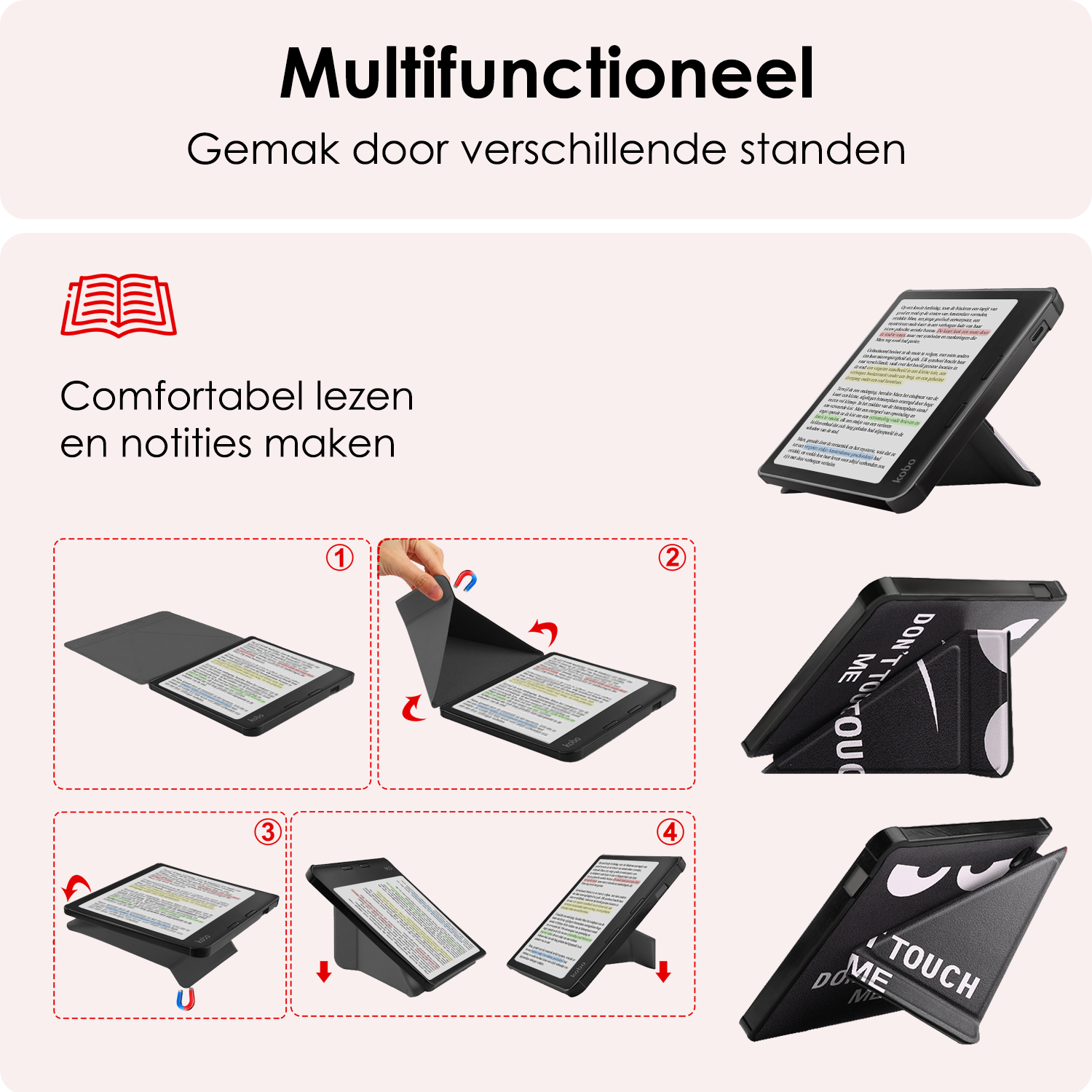 NoXx Hoes Geschikt voor Kobo Libra Colour Hoesje Bookcase Cover Book Case Hoes Cover Trifold Met Screenprotector - Don't Touch Me