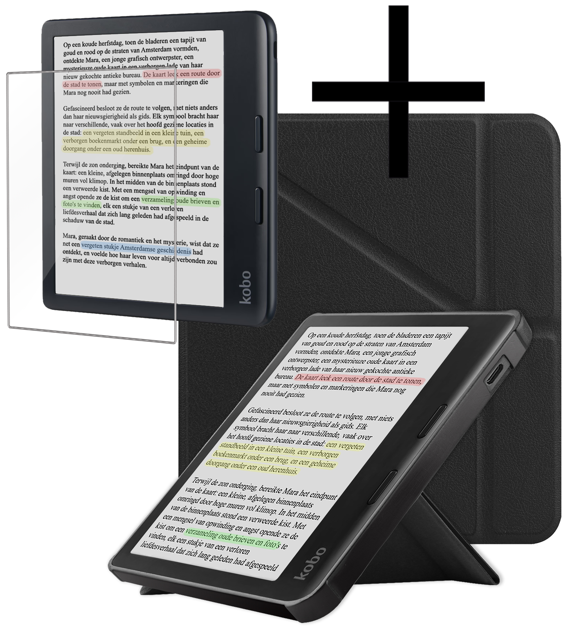 NoXx Hoes Geschikt voor Kobo Libra Colour Hoesje Bookcase Cover Book Case Hoes Cover Trifold Met Screenprotector - Zwart