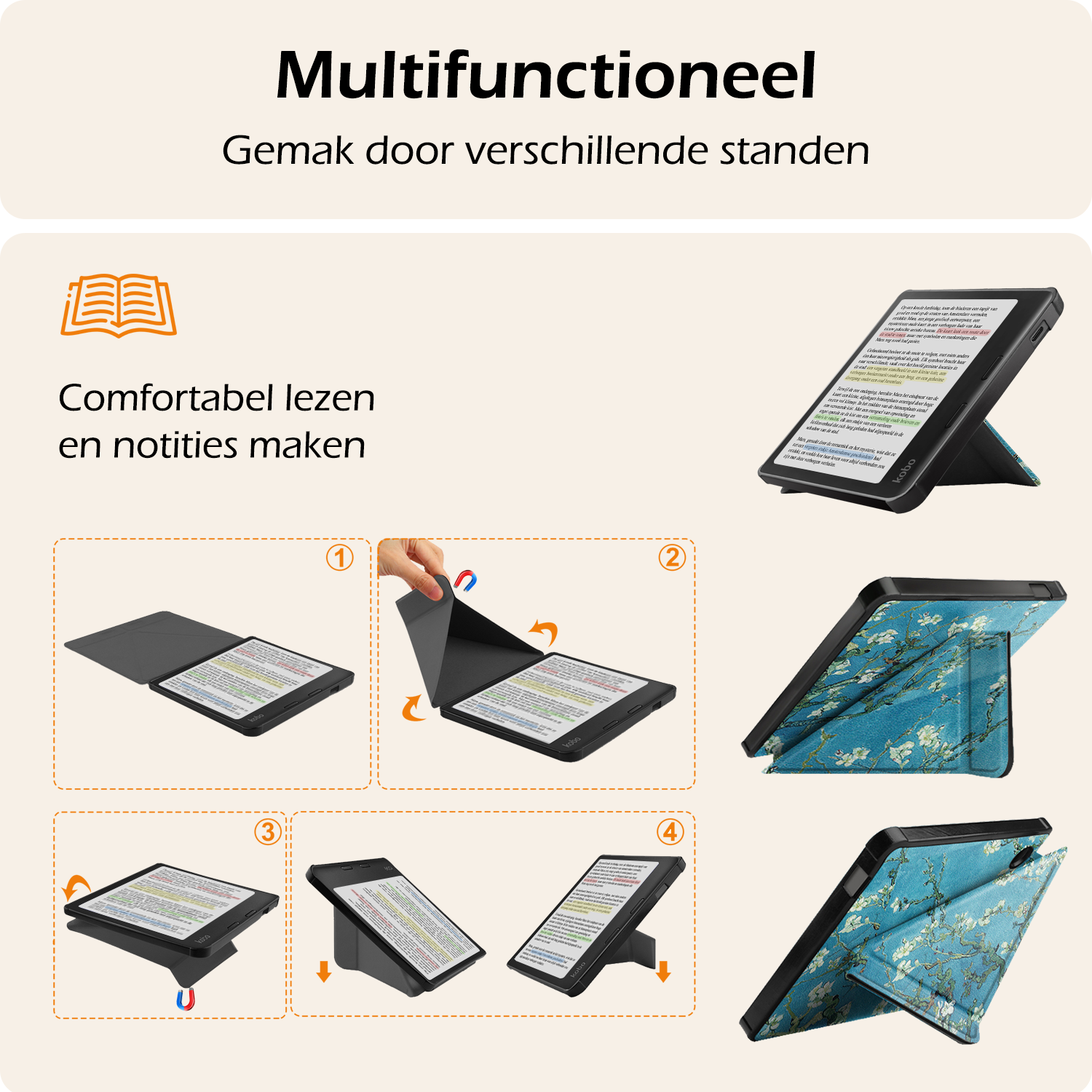 Nomfy Hoesje Geschikt voor Kobo Libra Colour Hoes Book Case Trifold - Hoes Geschikt voor Kobo Libra Colour Hoesje Book Cover Met Screenprotector - Bloesem