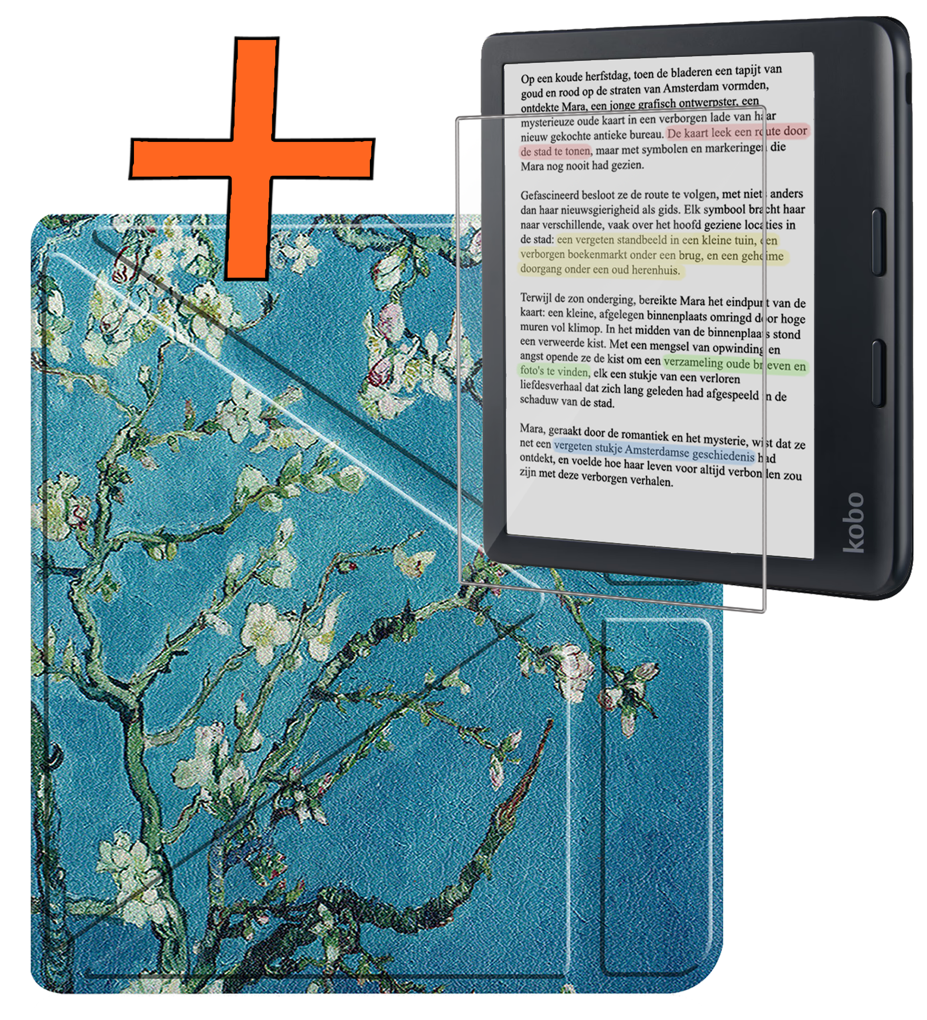 Nomfy Hoesje Geschikt voor Kobo Libra Colour Hoes Book Case Trifold - Hoes Geschikt voor Kobo Libra Colour Hoesje Book Cover Met Screenprotector - Bloesem