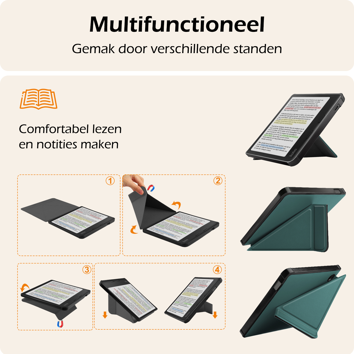 Nomfy Hoesje Geschikt voor Kobo Libra Colour Hoes Book Case Trifold - Hoes Geschikt voor Kobo Libra Colour Hoesje Book Cover Met Screenprotector - Donkergroen