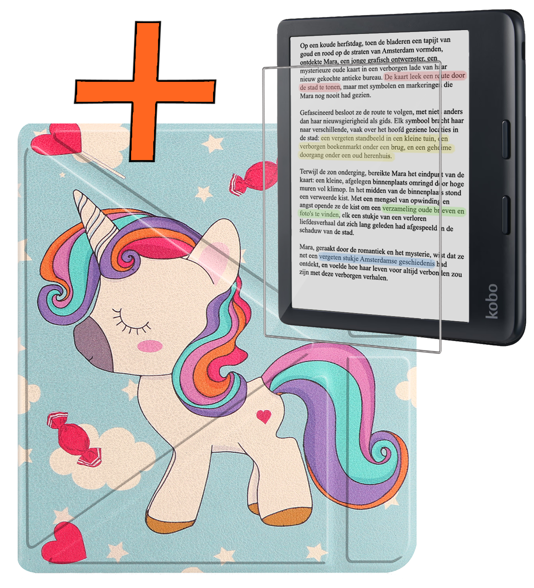 Nomfy Hoesje Geschikt voor Kobo Libra Colour Hoes Book Case Trifold - Hoes Geschikt voor Kobo Libra Colour Hoesje Book Cover Met Screenprotector - Eenhoorn
