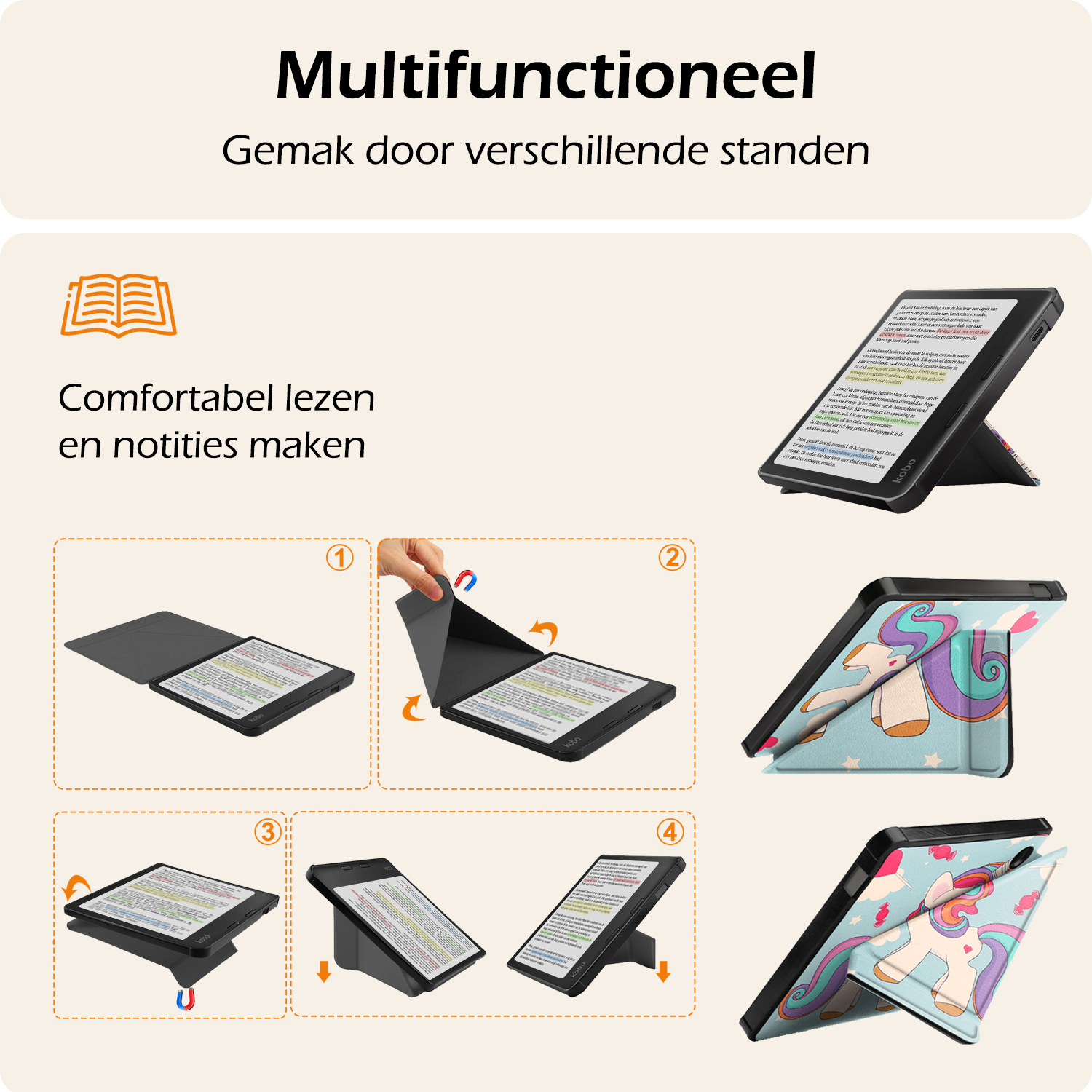 Nomfy Hoesje Geschikt voor Kobo Libra Colour Hoes Book Case Trifold - Hoes Geschikt voor Kobo Libra Colour Hoesje Book Cover Met Screenprotector - Eenhoorn