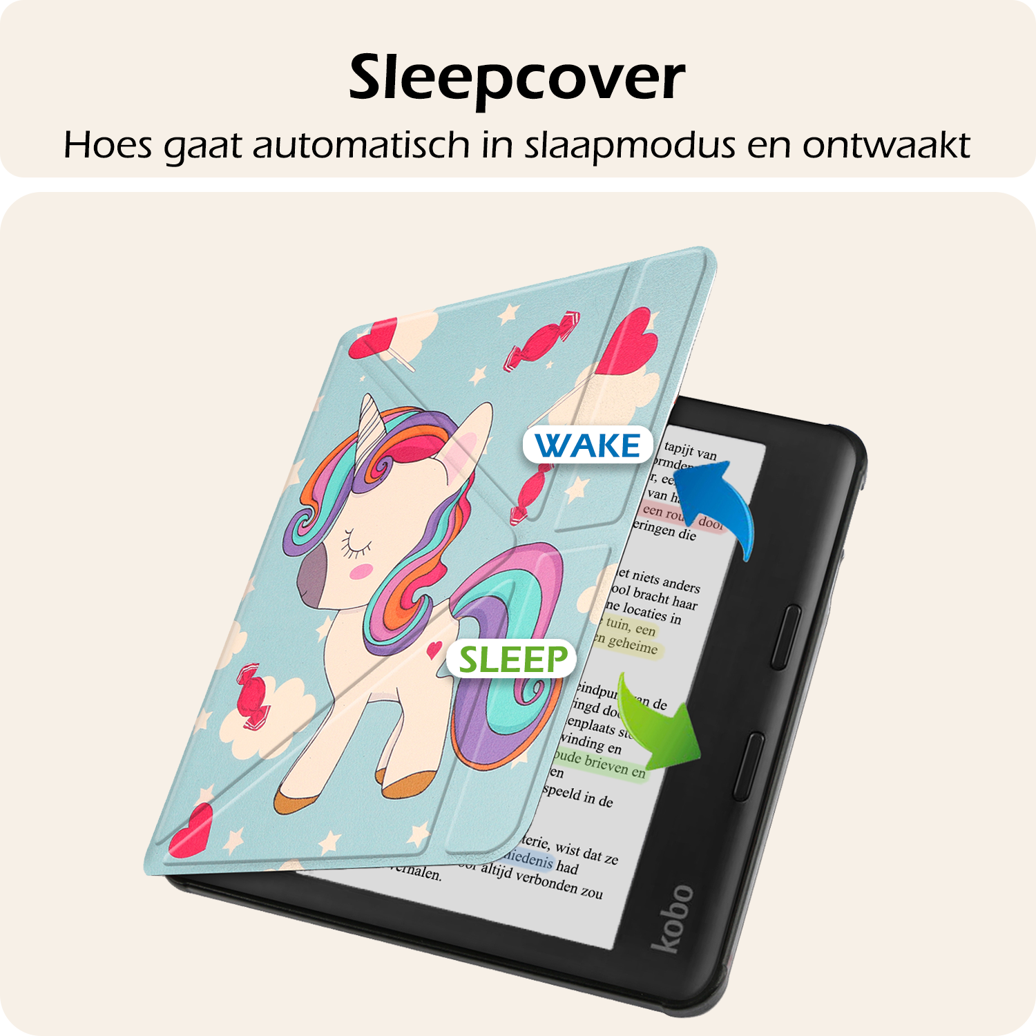 Nomfy Hoesje Geschikt voor Kobo Libra Colour Hoes Book Case Trifold - Hoes Geschikt voor Kobo Libra Colour Hoesje Book Cover Met Screenprotector - Eenhoorn
