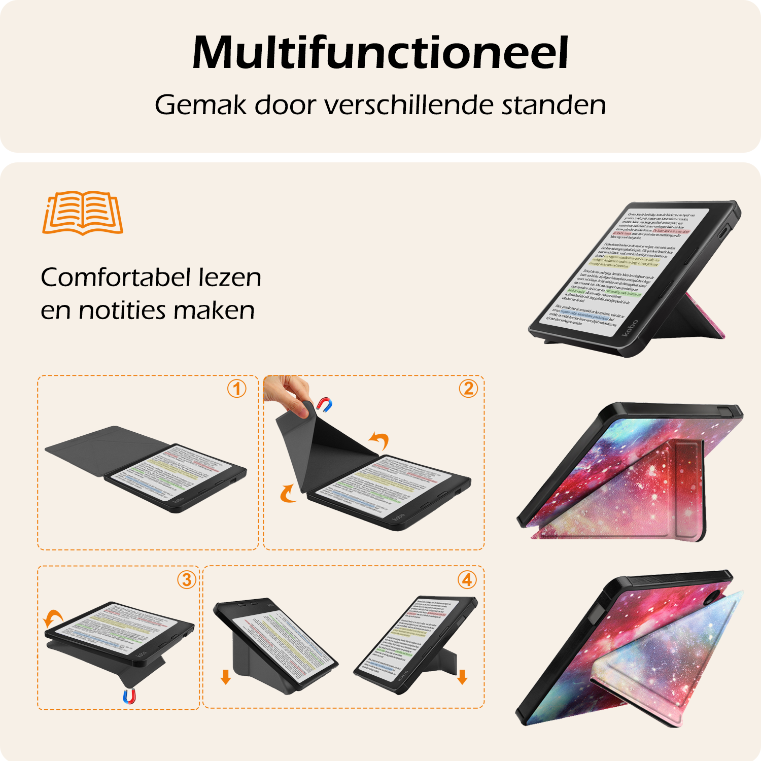 Nomfy Hoesje Geschikt voor Kobo Libra Colour Hoes Book Case Trifold - Hoes Geschikt voor Kobo Libra Colour Hoesje Book Cover Met Screenprotector - Galaxy