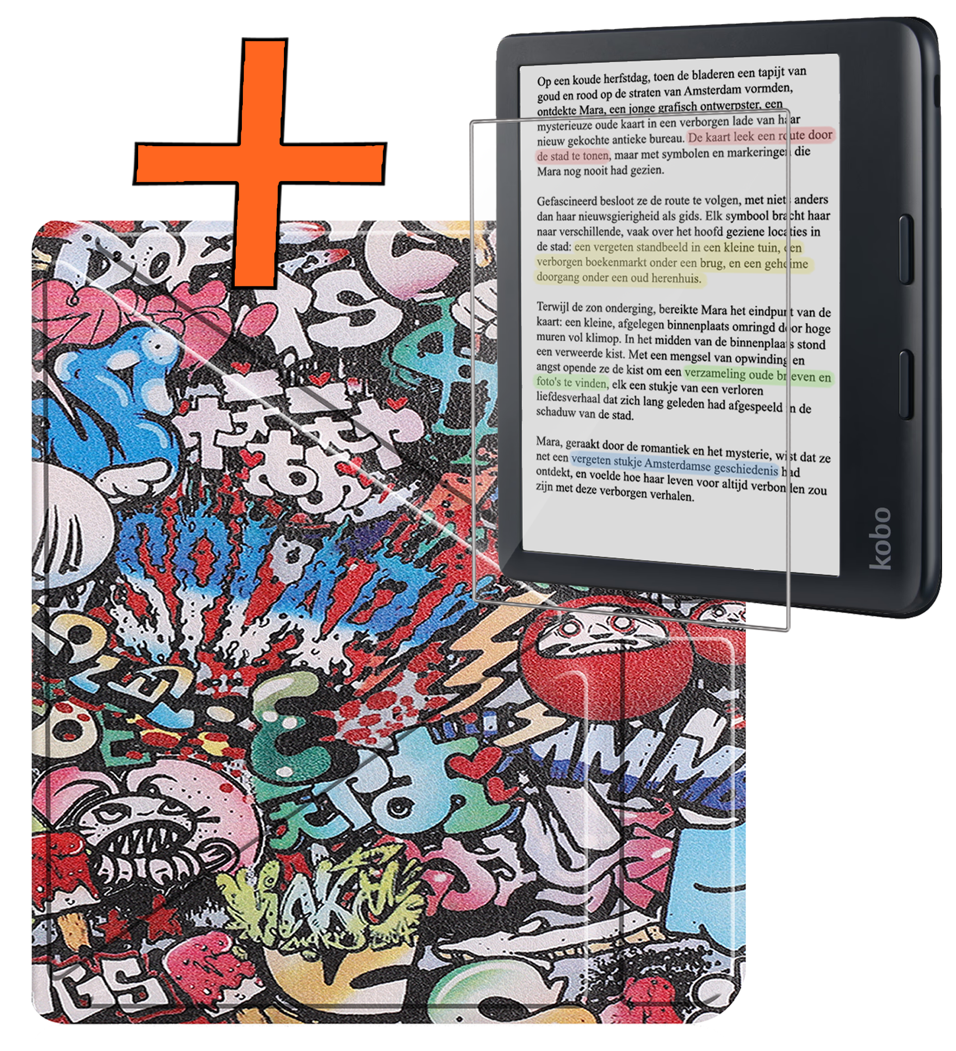 Nomfy Hoesje Geschikt voor Kobo Libra Colour Hoes Book Case Trifold - Hoes Geschikt voor Kobo Libra Colour Hoesje Book Cover Met Screenprotector - Graffity