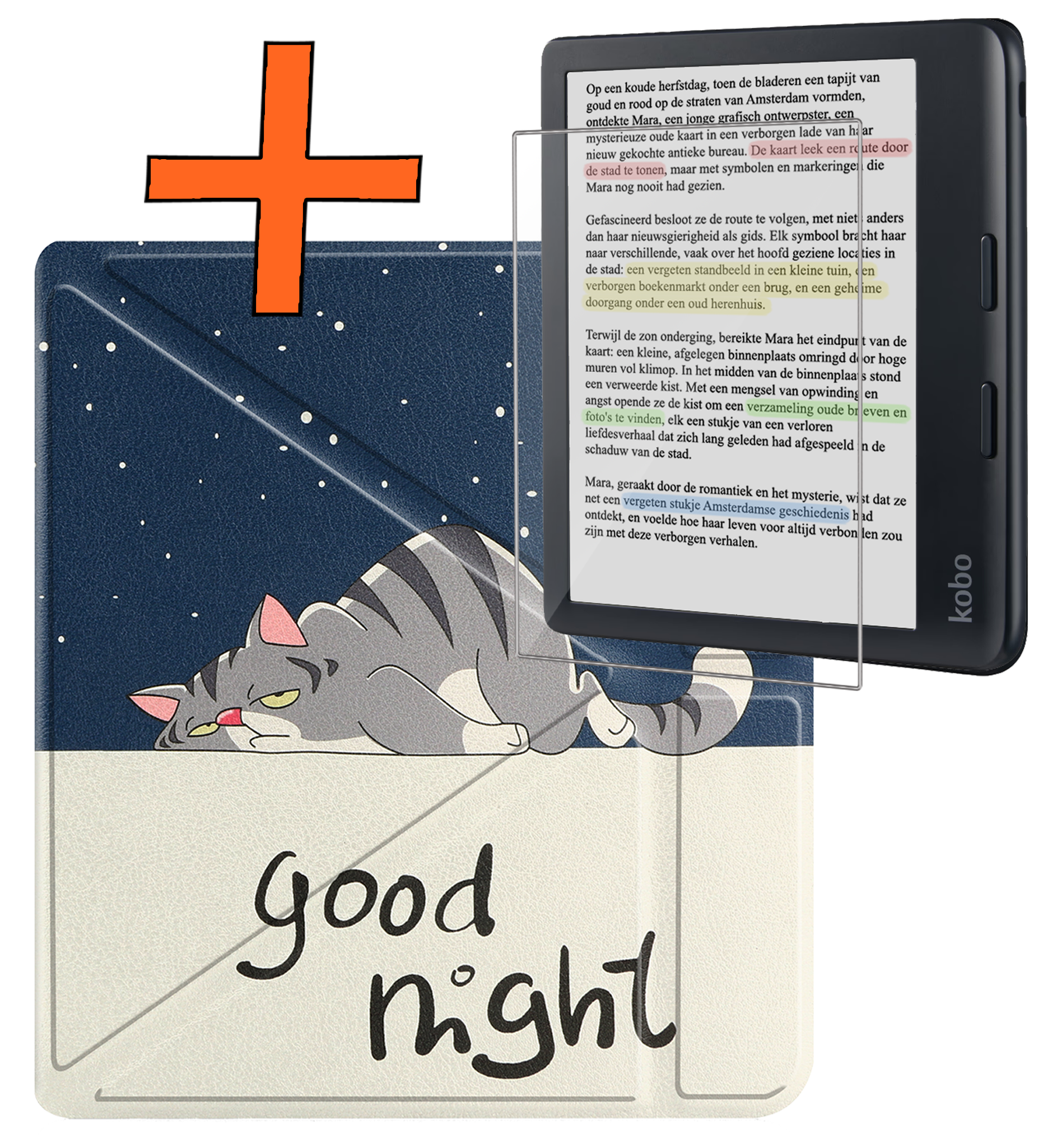 Nomfy Hoesje Geschikt voor Kobo Libra Colour Hoes Book Case Trifold - Hoes Geschikt voor Kobo Libra Colour Hoesje Book Cover Met Screenprotector - Kat