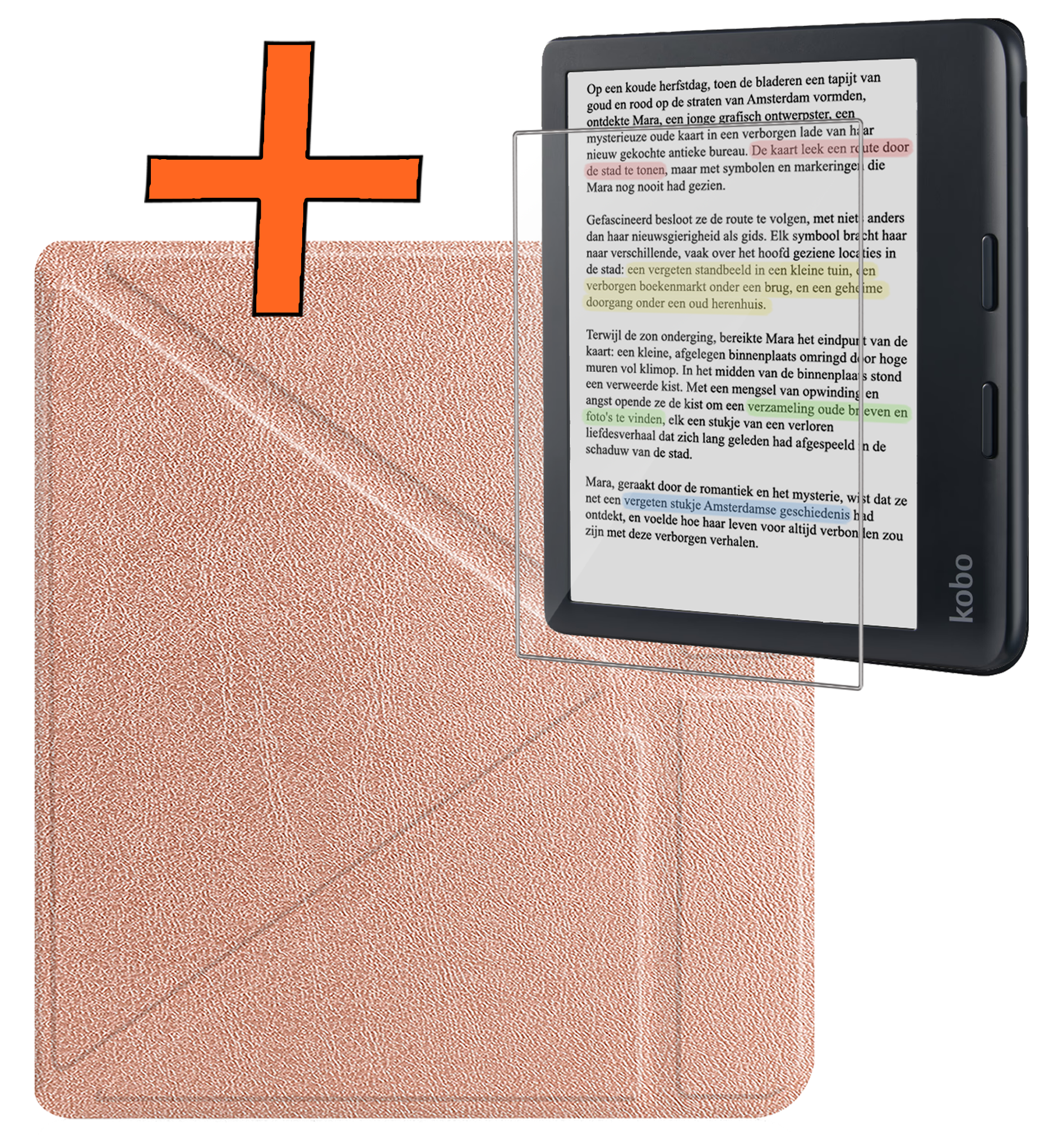 Nomfy Hoesje Geschikt voor Kobo Libra Colour Hoes Book Case Trifold - Hoes Geschikt voor Kobo Libra Colour Hoesje Book Cover Met Screenprotector - Rosé Goud