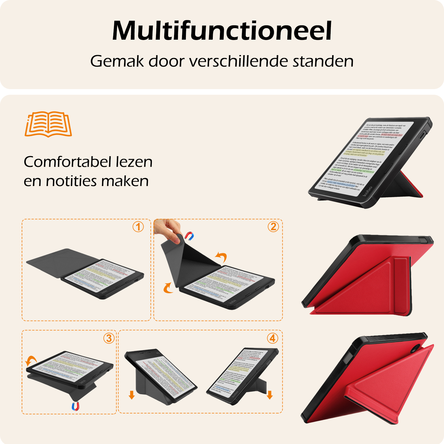 Nomfy Hoesje Geschikt voor Kobo Libra Colour Hoes Book Case Trifold - Hoes Geschikt voor Kobo Libra Colour Hoesje Book Cover Met Screenprotector - Rood