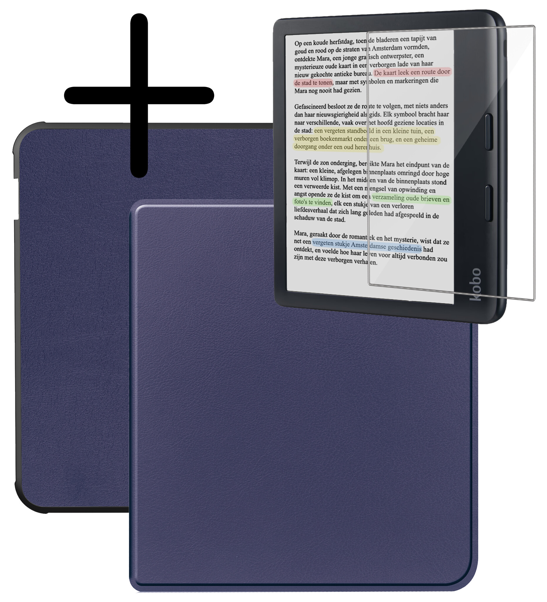 BASEY. Hoes Geschikt voor Kobo Libra Colour Hoesje Bookcase Cover Hoes Met Screenprotector - Hoesje Geschikt voor Kobo Libra Colour Hoes Cover Case - Donkerblauw
