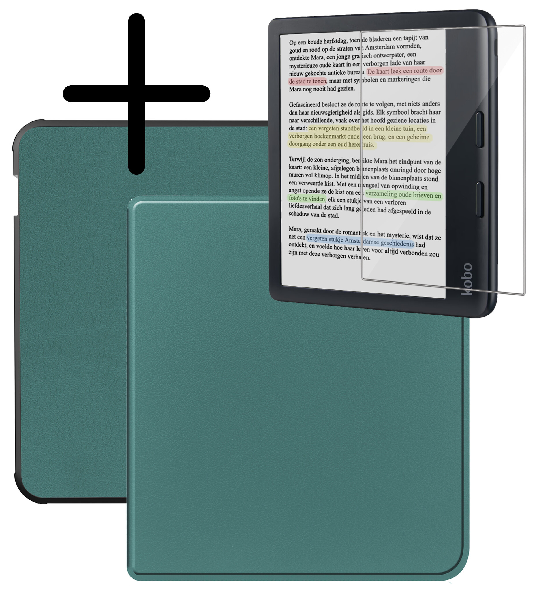 BASEY. Hoes Geschikt voor Kobo Libra Colour Hoesje Bookcase Cover Hoes Met Screenprotector - Hoesje Geschikt voor Kobo Libra Colour Hoes Cover Case - Donkergroen