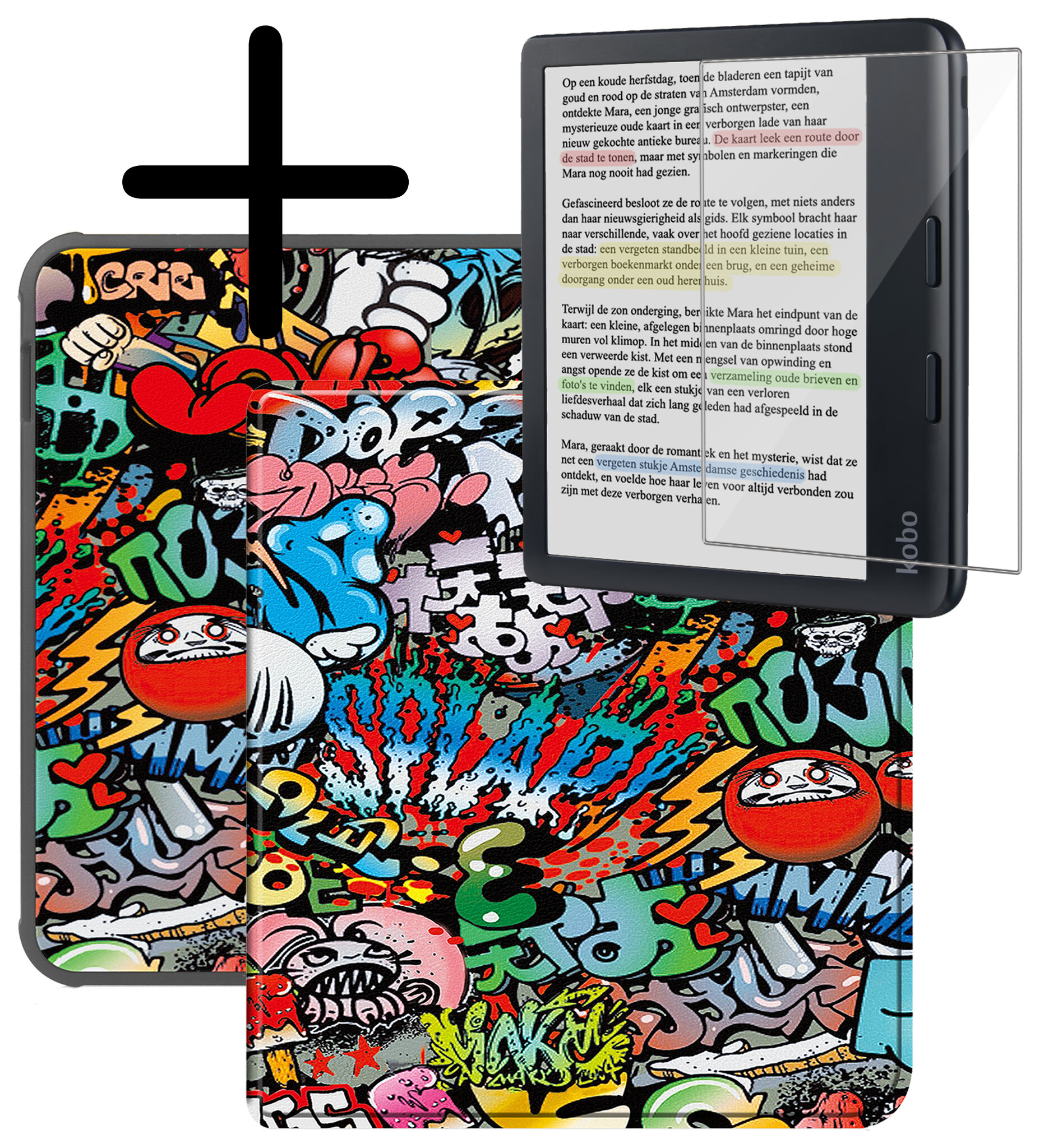 BASEY. Hoes Geschikt voor Kobo Libra Colour Hoesje Bookcase Cover Hoes Met Screenprotector - Hoesje Geschikt voor Kobo Libra Colour Hoes Cover Case - Graffity
