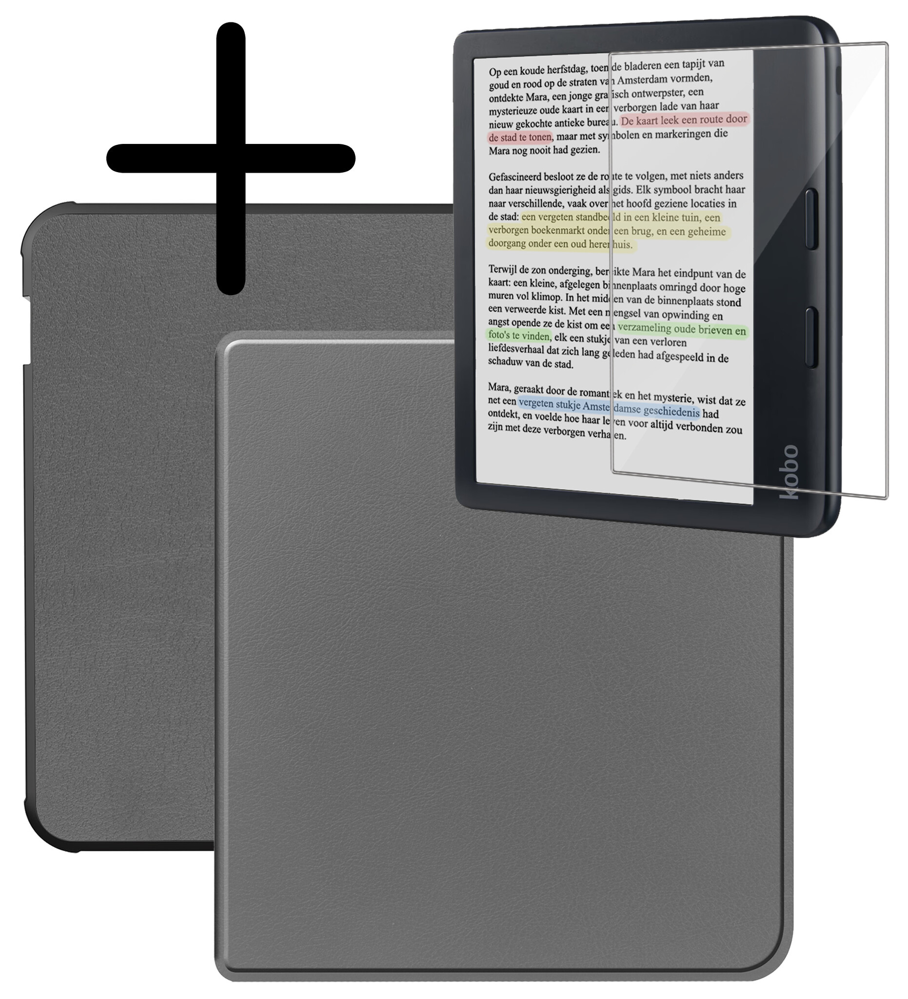 BASEY. Hoes Geschikt voor Kobo Libra Colour Hoesje Bookcase Cover Hoes Met Screenprotector - Hoesje Geschikt voor Kobo Libra Colour Hoes Cover Case - Grijs