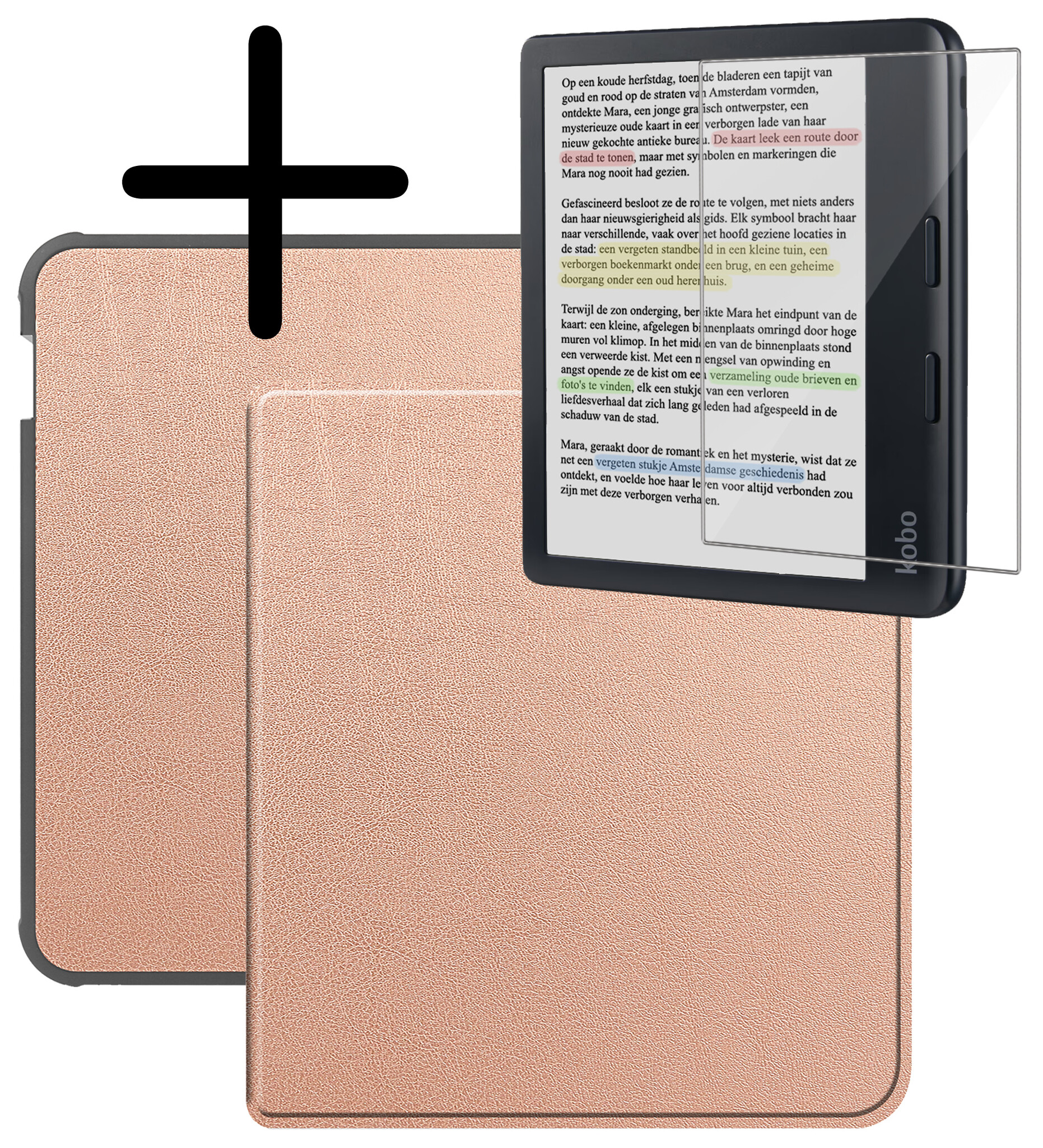 BASEY. Hoes Geschikt voor Kobo Libra Colour Hoesje Bookcase Cover Hoes Met Screenprotector - Hoesje Geschikt voor Kobo Libra Colour Hoes Cover Case - Rosé Goud