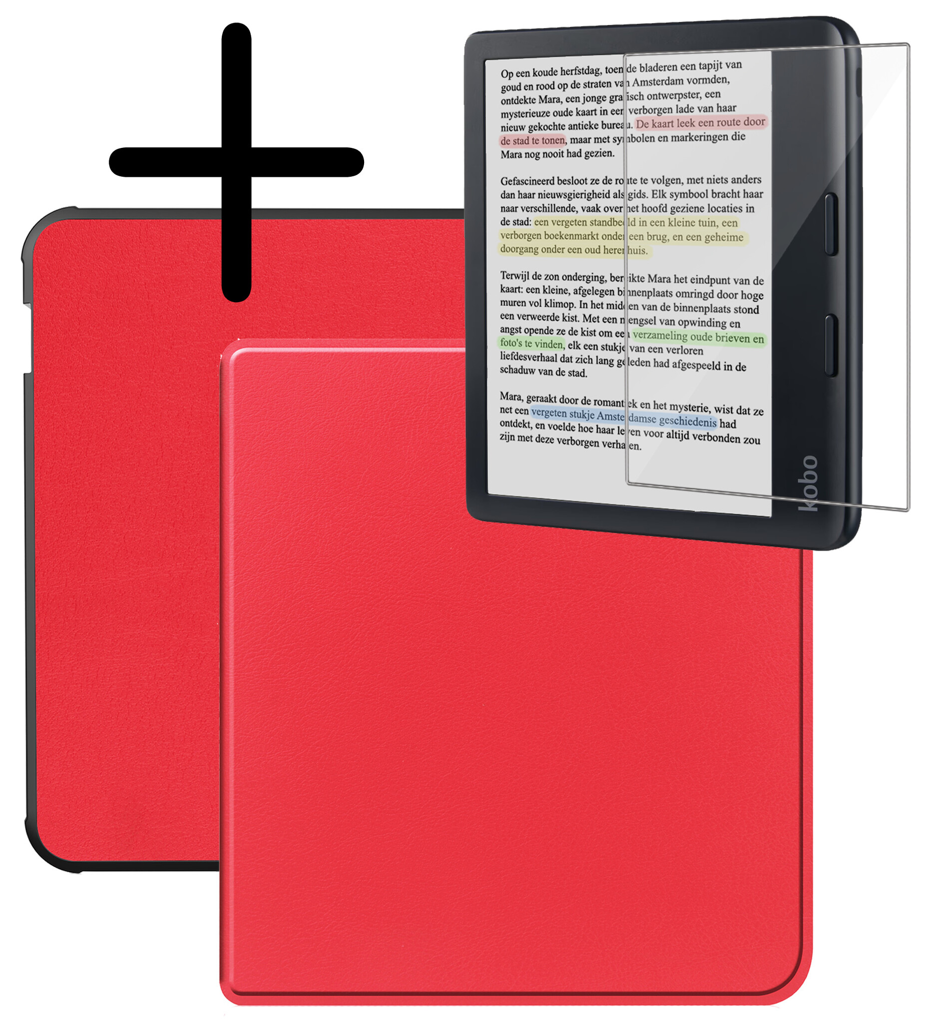 BASEY. Hoes Geschikt voor Kobo Libra Colour Hoesje Bookcase Cover Hoes Met Screenprotector - Hoesje Geschikt voor Kobo Libra Colour Hoes Cover Case - Rood