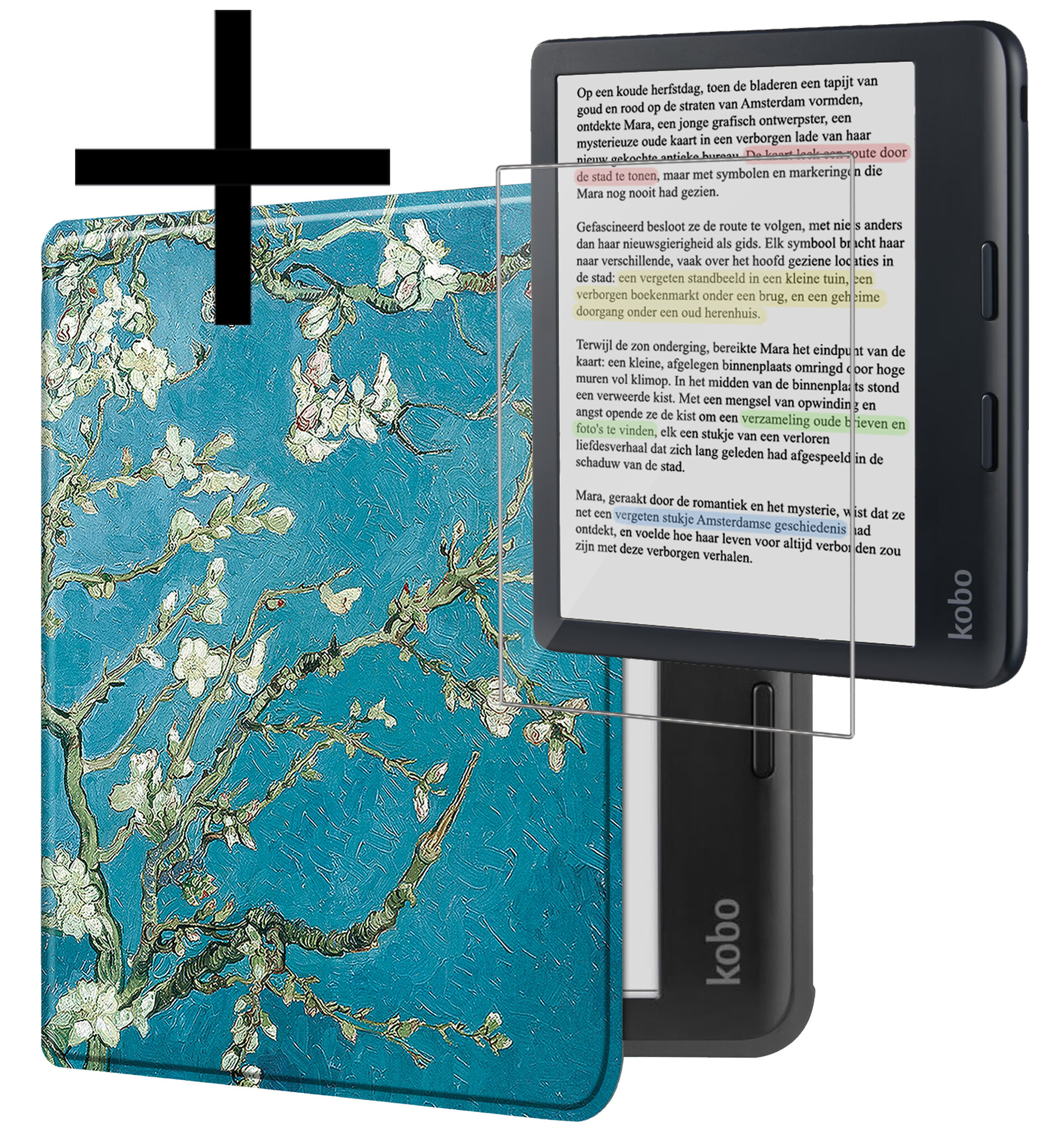 NoXx Hoes Geschikt voor Kobo Libra Colour Hoesje Bookcase Cover Book Case Hoes Sleepcover Met Screenprotector - Bloesem