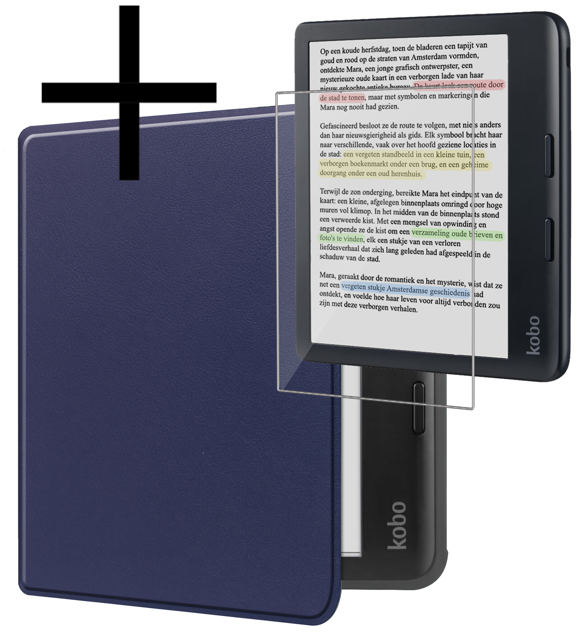 NoXx Hoes Geschikt voor Kobo Libra Colour Hoesje Bookcase Cover Book Case Hoes Sleepcover Met Screenprotector - Donkerblauw