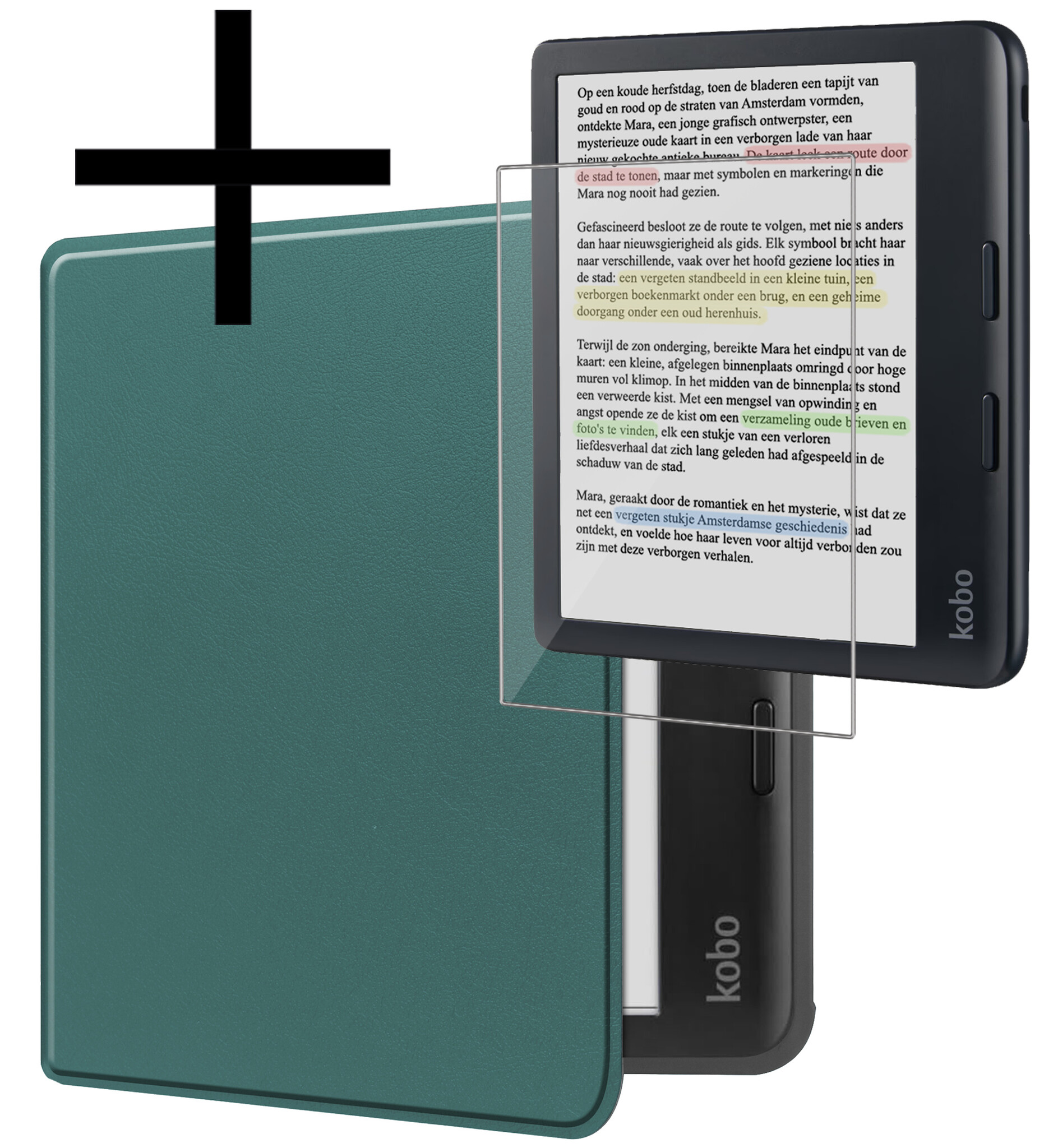 NoXx Hoes Geschikt voor Kobo Libra Colour Hoesje Bookcase Cover Book Case Hoes Sleepcover Met Screenprotector - Donkergroen