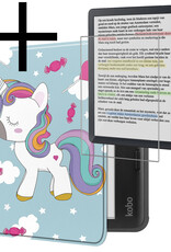 NoXx Hoes Geschikt voor Kobo Libra Colour Hoesje Bookcase Cover Book Case Hoes Sleepcover Met Screenprotector - Eenhoorn