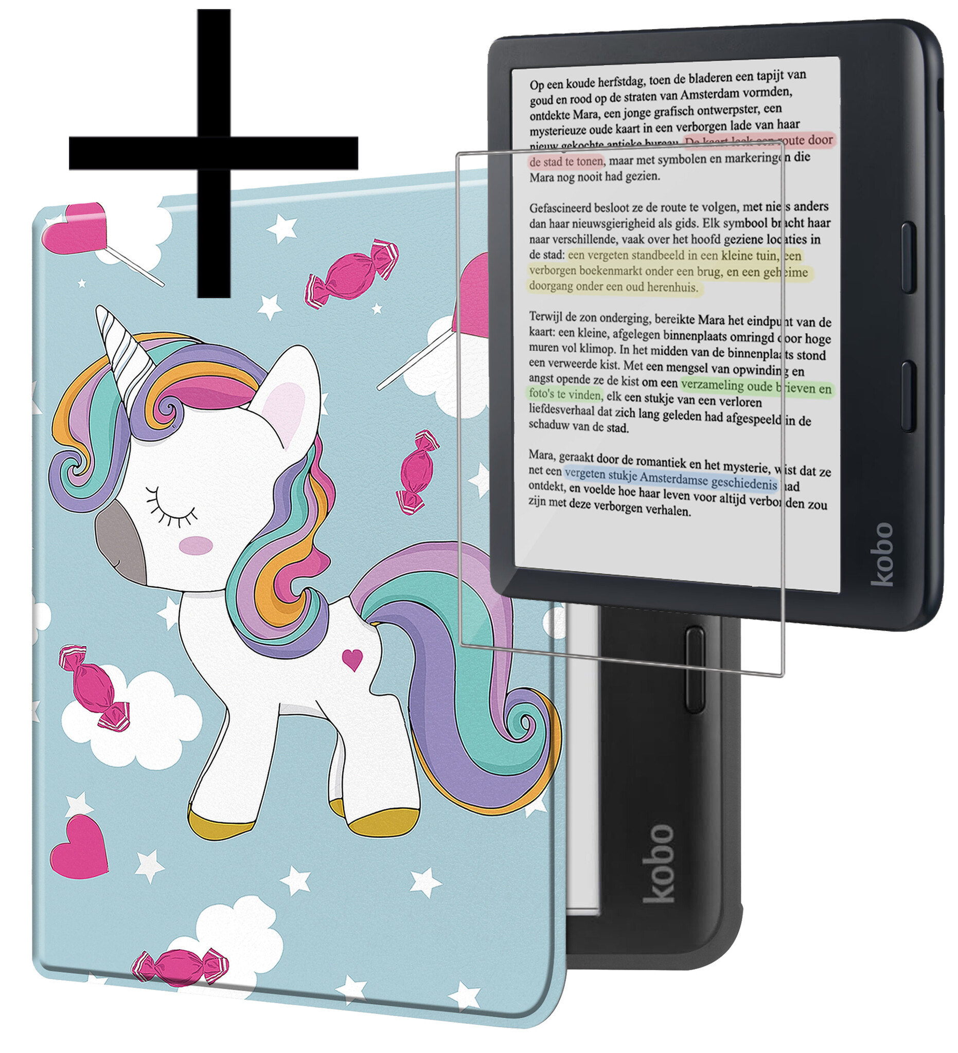 NoXx Hoes Geschikt voor Kobo Libra Colour Hoesje Bookcase Cover Book Case Hoes Sleepcover Met Screenprotector - Eenhoorn