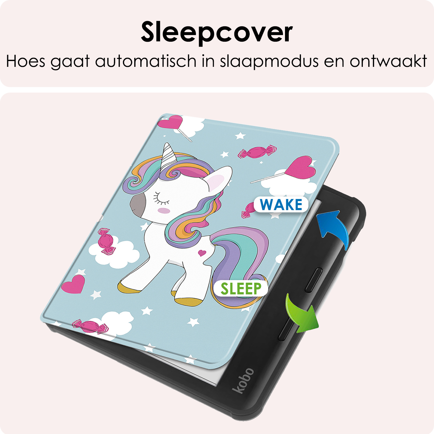 NoXx Hoes Geschikt voor Kobo Libra Colour Hoesje Bookcase Cover Book Case Hoes Sleepcover Met Screenprotector - Eenhoorn