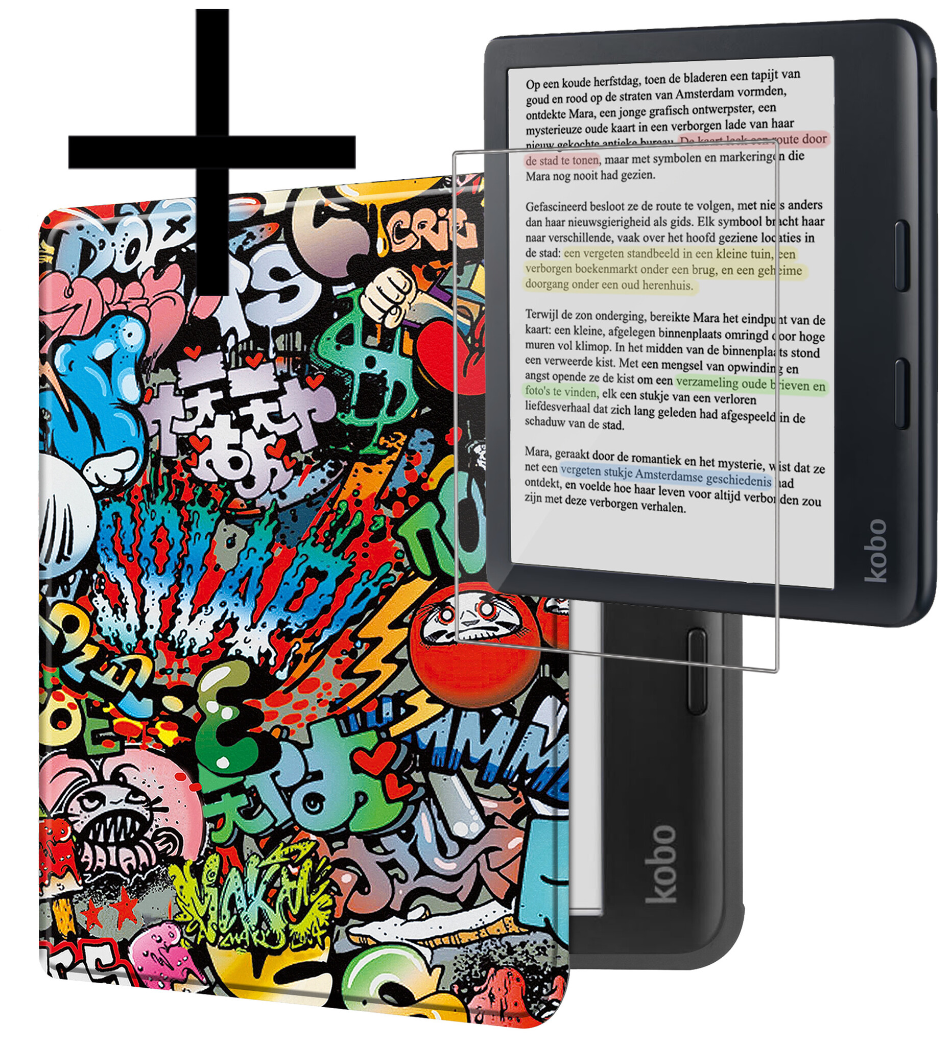 NoXx Hoes Geschikt voor Kobo Libra Colour Hoesje Bookcase Cover Book Case Hoes Sleepcover Met Screenprotector - Graffity