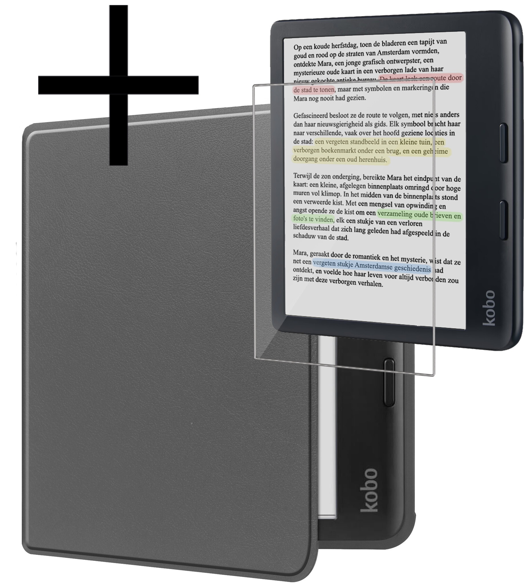NoXx Hoes Geschikt voor Kobo Libra Colour Hoesje Bookcase Cover Book Case Hoes Sleepcover Met Screenprotector - Grijs