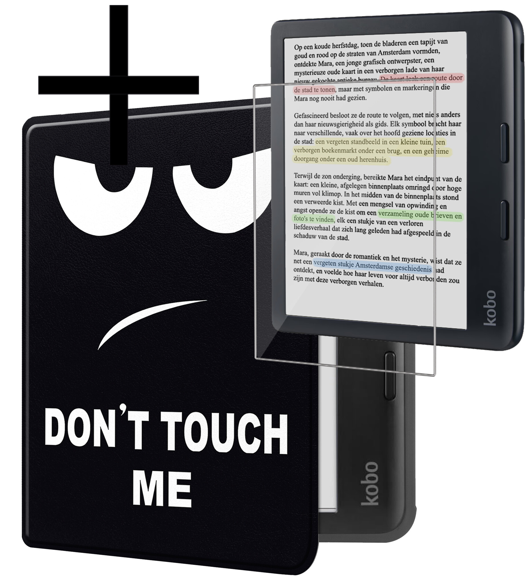 NoXx Hoes Geschikt voor Kobo Libra Colour Hoesje Bookcase Cover Book Case Hoes Sleepcover Met Screenprotector - Don't Touch Me